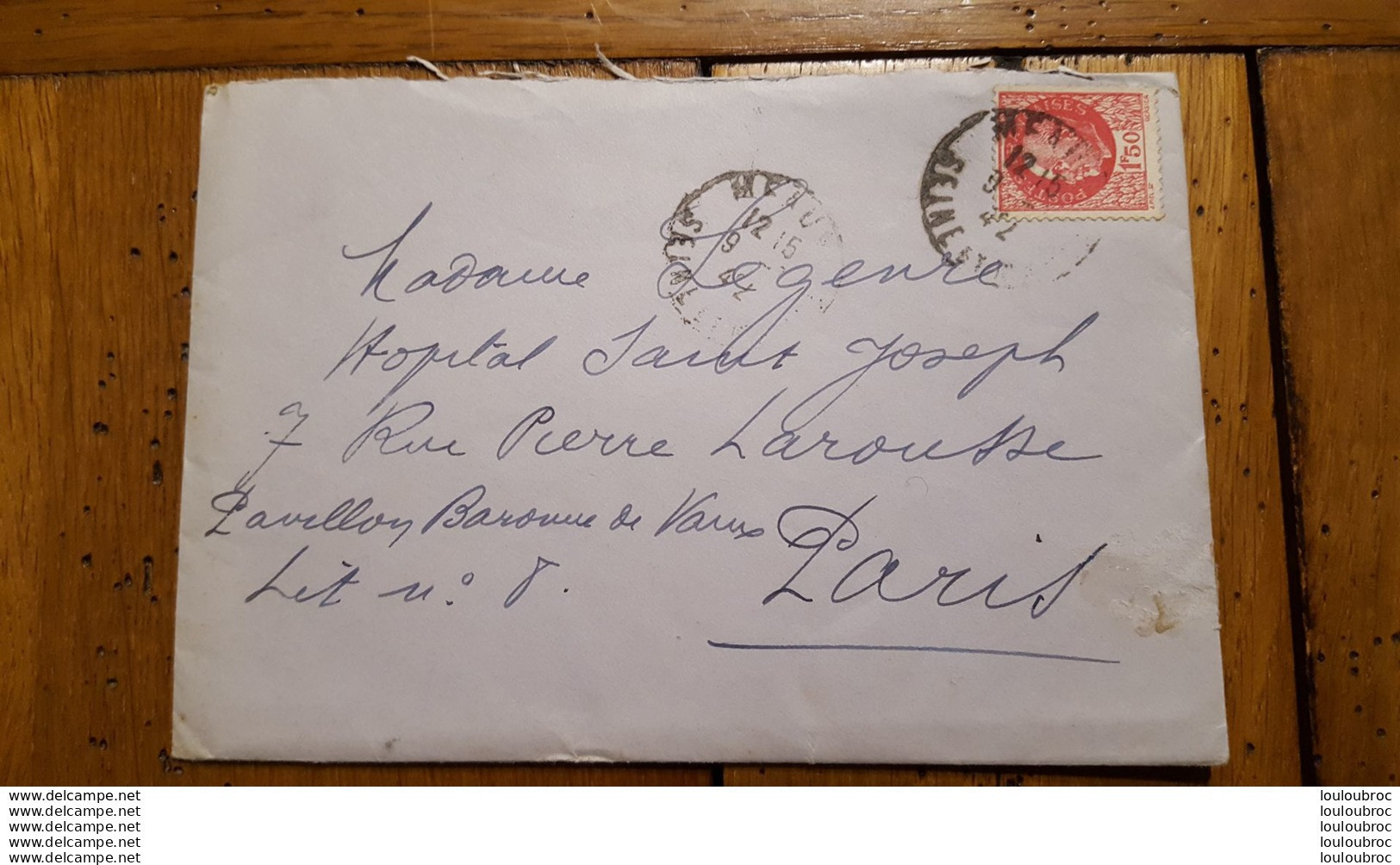 ENVELOPPE ET COURRIER TIMBRE PETAIN 1942 ENVOYEE A HOPITAL SAINT JOSEPH PARIS - 1941-42 Pétain