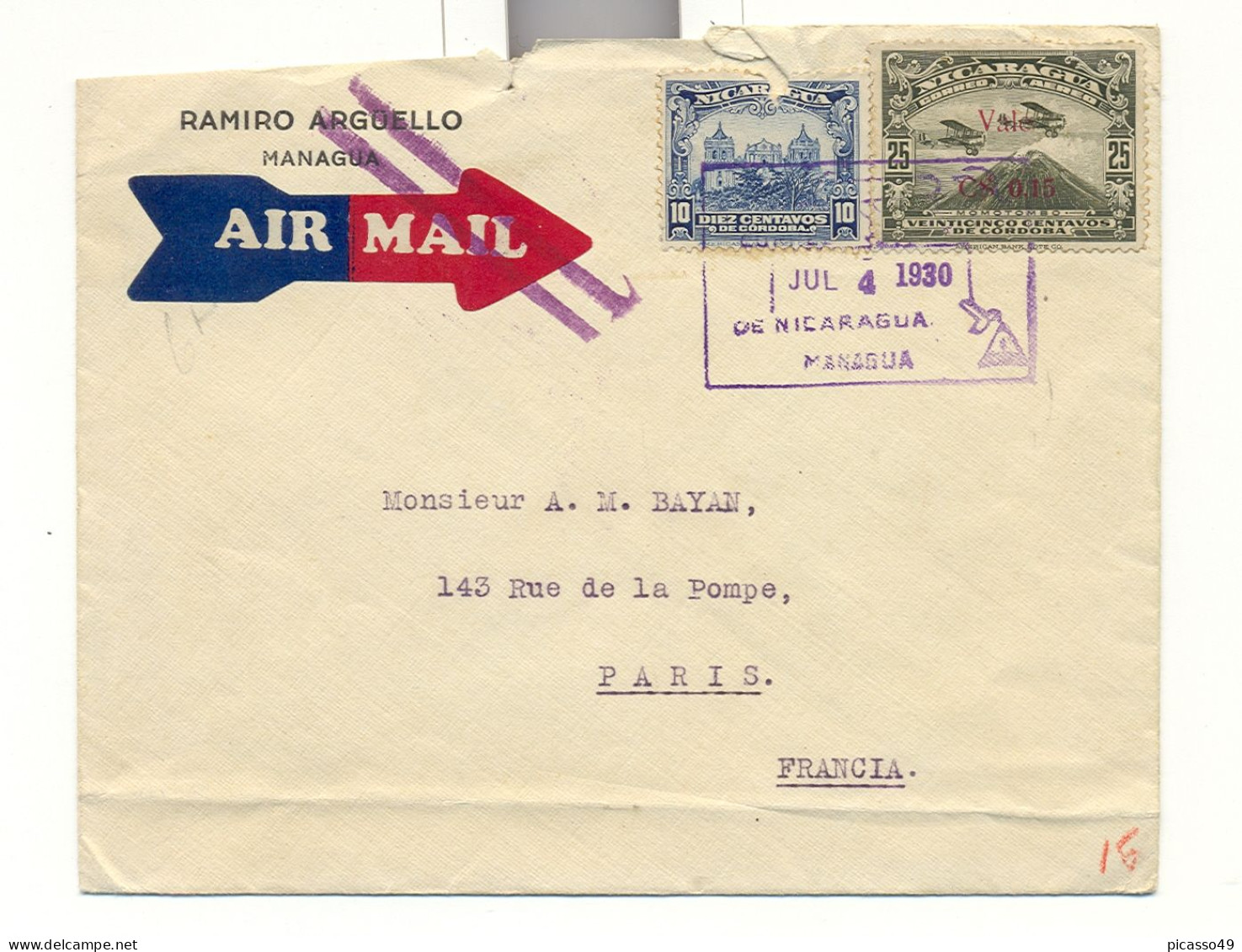 Nicaragua , Lettre Pour La France Avec Cachet Rectangulaire Du 4 Juillet 1930 - Nicaragua