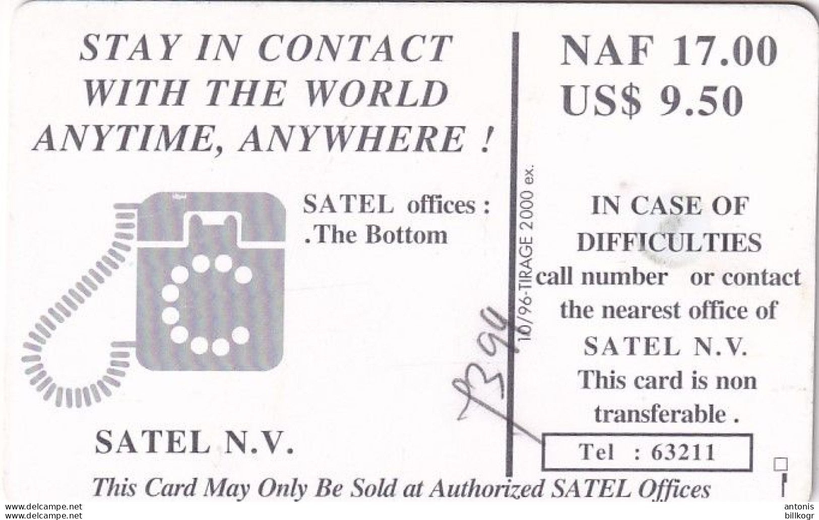 SABA(NETH. ANTILLES) - Marine Life, First Chip Issue 60 Units, Tirage 2000, 10/96, Used - Antillen (Niederländische)