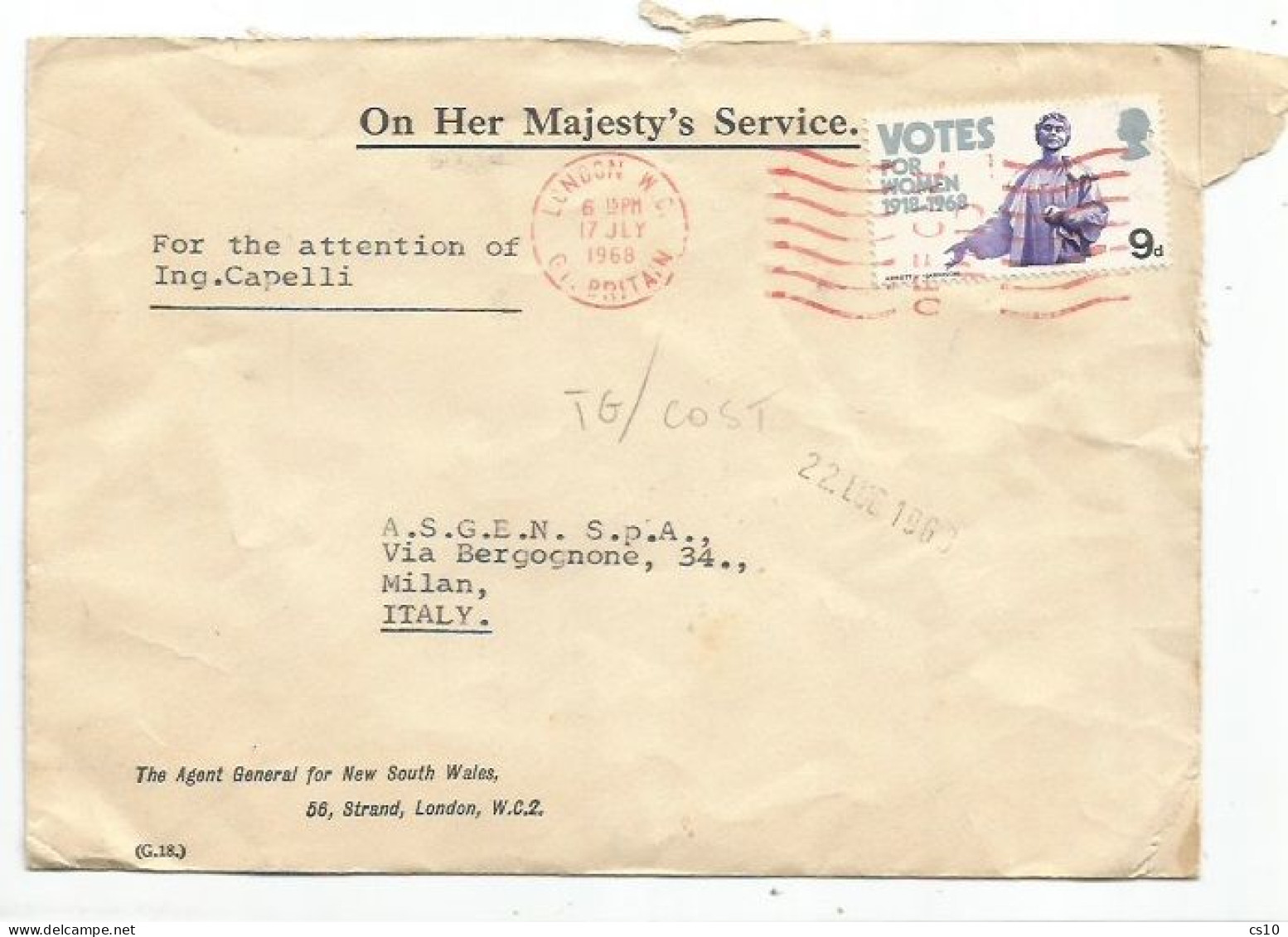 UK Britain Official New South Wales Agent OHMS CV London 17jul1968 X Italy With Votes X Women 9d Solo Franking - Postmark Collection