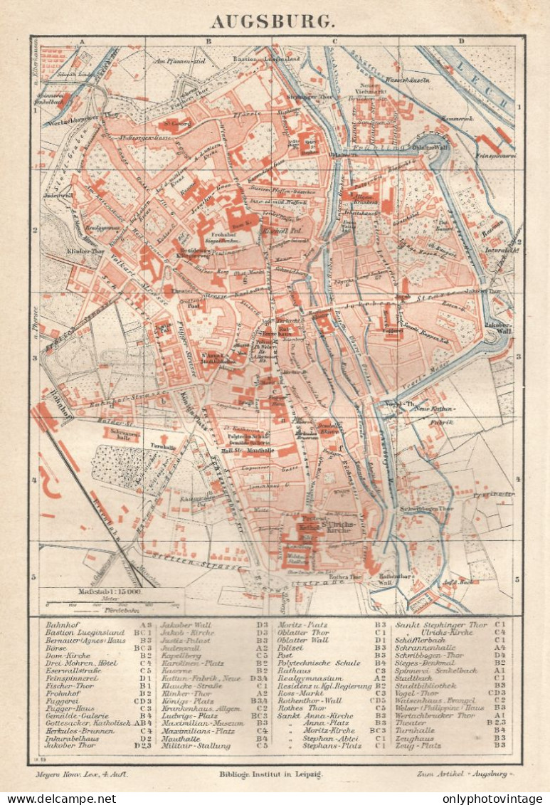 1890 Germany, Augsburg, Carta Geografica Antica, Old City Plan, Plan De La Ville - Carte Geographique