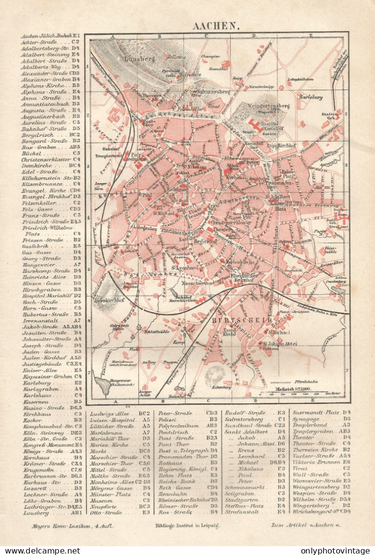 1890 Germany, Aachen, Carta Geografica Antica, Old City Plan, Plan De La Ville - Carte Geographique