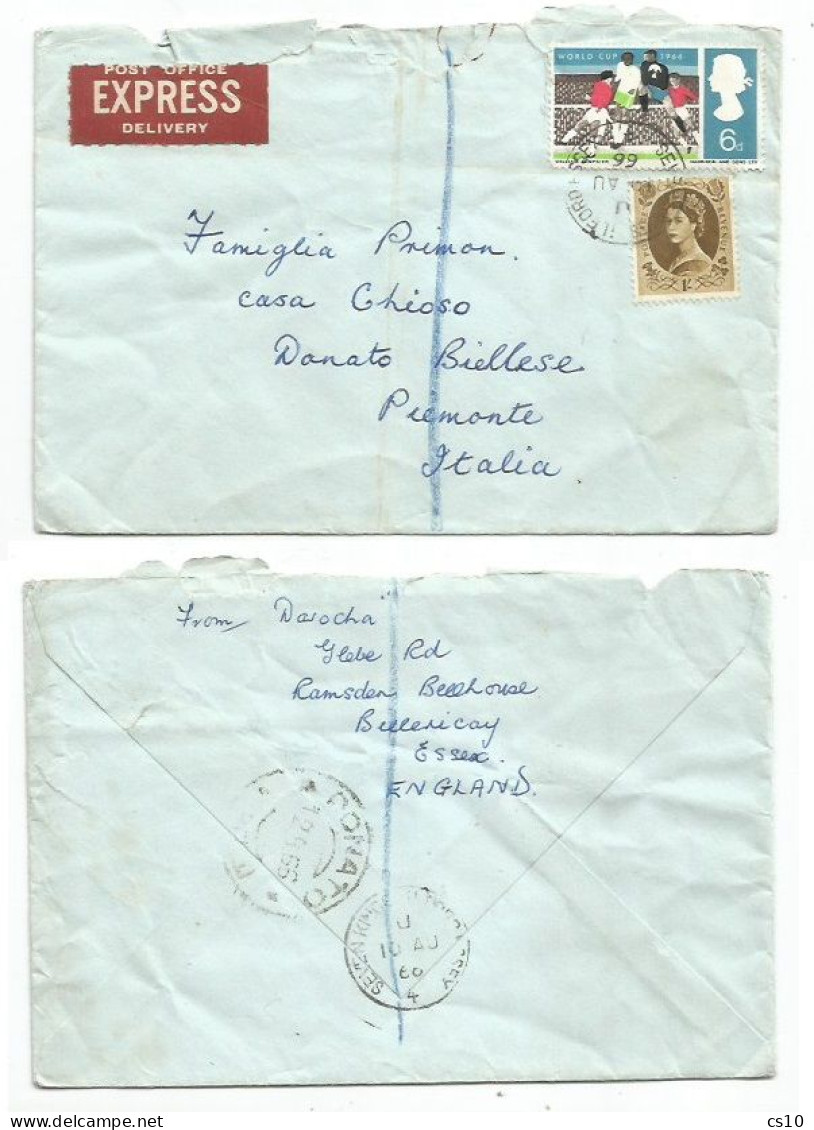 UK Britain Express CV Seven Kings Essex 10aug1966 To Italy With FIFA World Cup D6 + Regular QE2 1S - Postmark Collection