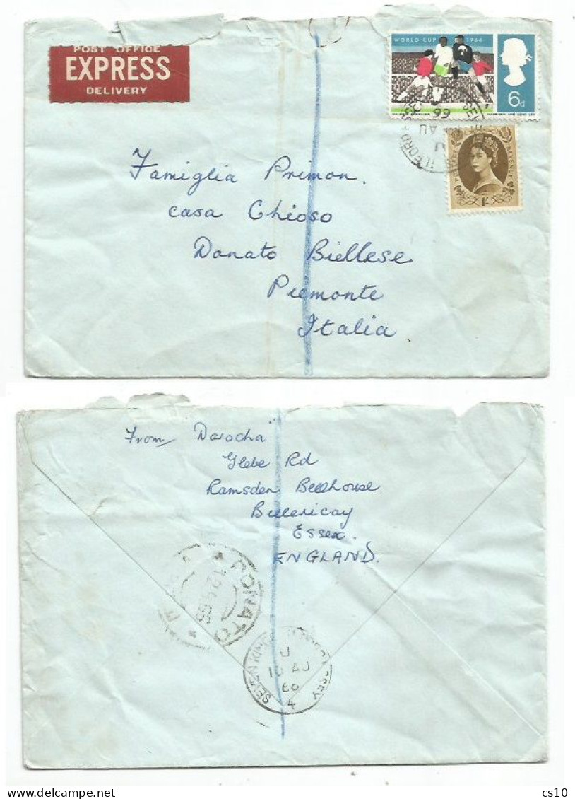 UK Britain Express CV Seven Kings Essex 10aug1966 To Italy With FIFA World Cup D6 + Regular QE2 1S - Lettres & Documents
