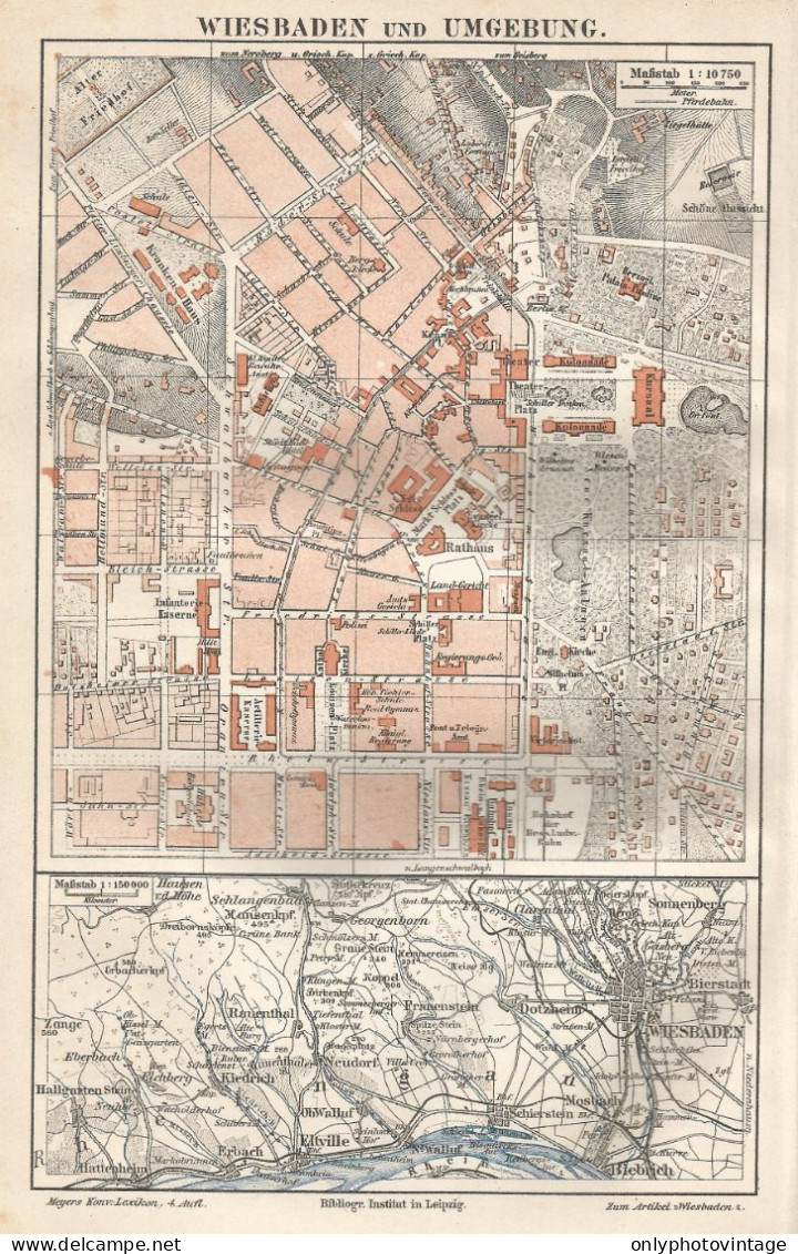 1890 Germany, Wiesbaden And Surroundings, Carta Geografica Antica, Old Map, Carte Géographique Ancienne - Carte Geographique