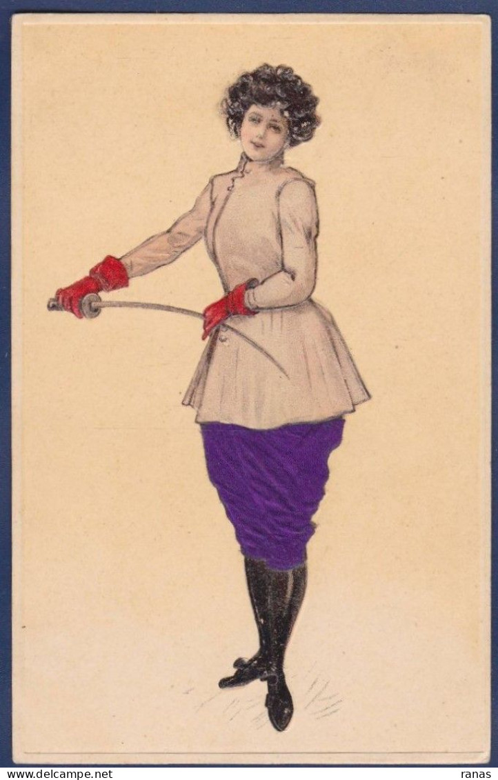 CPA Escrime épée Fleuret Non Circulé Femme Woman Gaufrée Embossed + Tissu Feutrine - Fencing