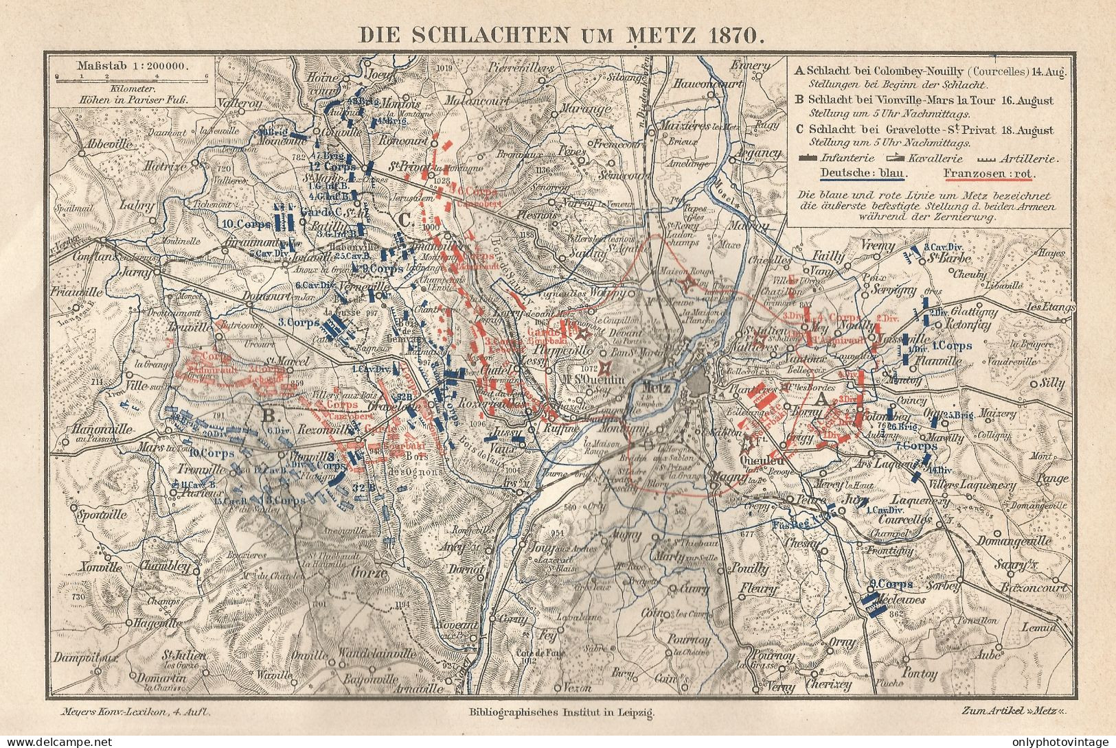 1890 France, The Battle Of Metz, Carta Geografica Antica, Old Map, Carte Géographique Ancienne - Carte Geographique
