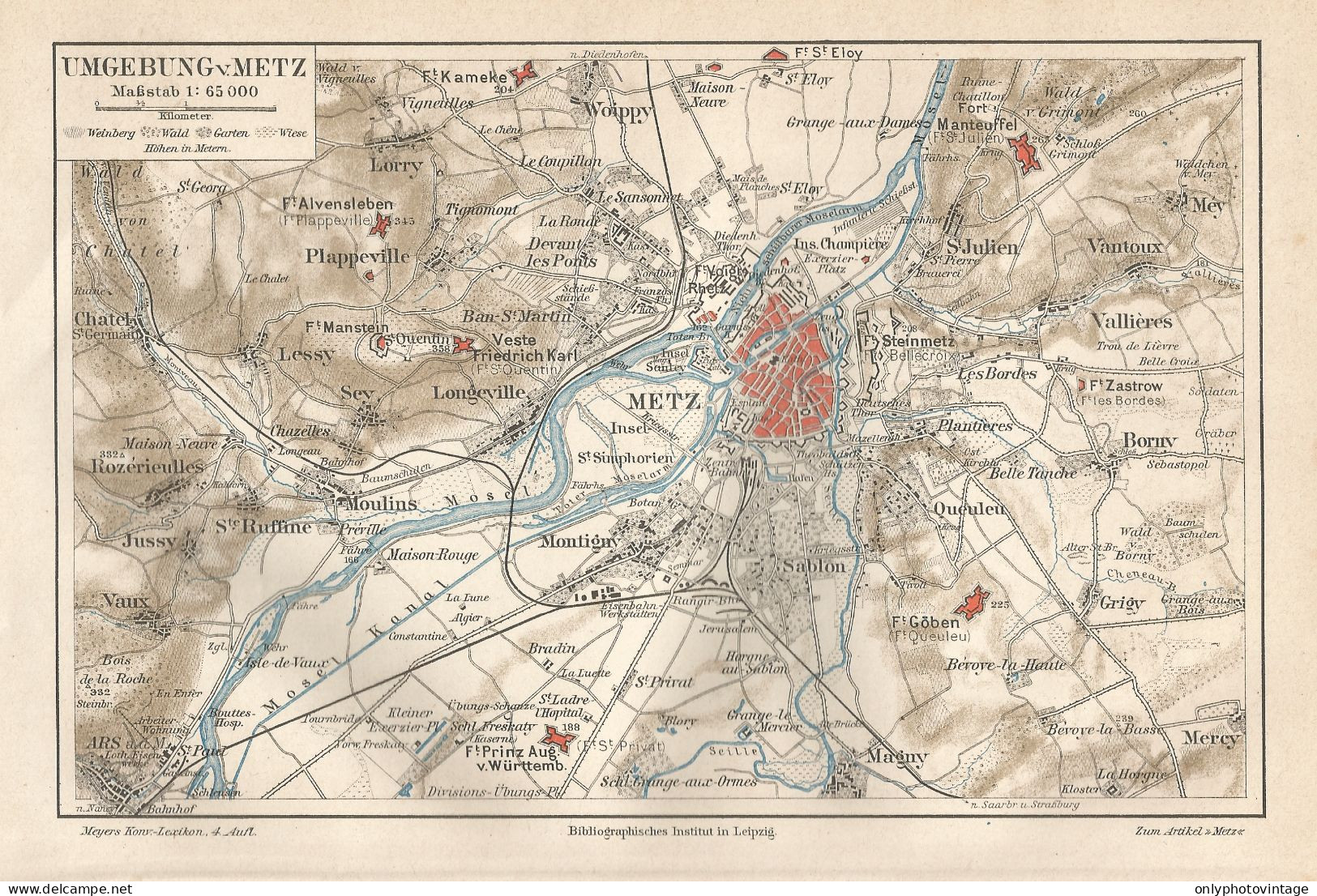 1890 France, Metz And Surroundings, Carta Geografica Antica, Old Map, Carte Géographique Ancienne - Carte Geographique