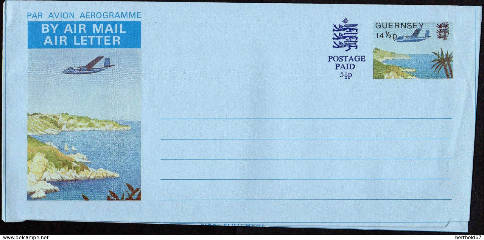 Guernesey Aérogr N** (105) Aerogramme Avion Sur Cote 14½p Postage Paid 5p½ - Guernsey
