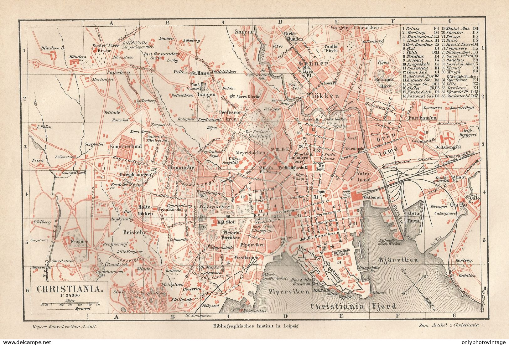 1890 Denmark, Christiania, Copenhagen, Carta Geografica Antica, Old City Plan, Plan De La Ville - Carte Geographique