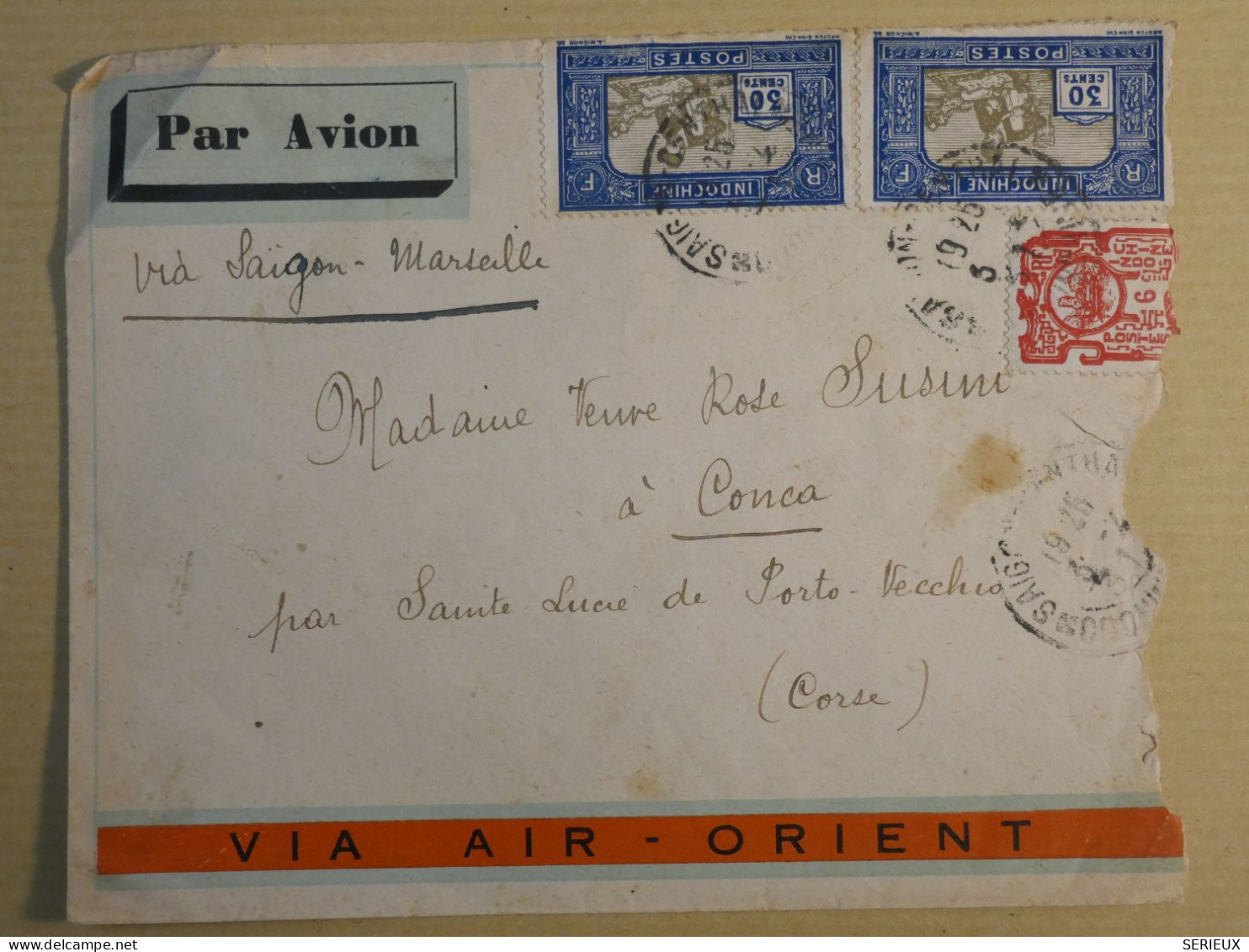 DM 15 INDOCHINE   LETTRE RR 1936  SAIGON A CONCA CORSE +VIA AIR ORIENT +AFF. INTERESSANT +++ - Covers & Documents