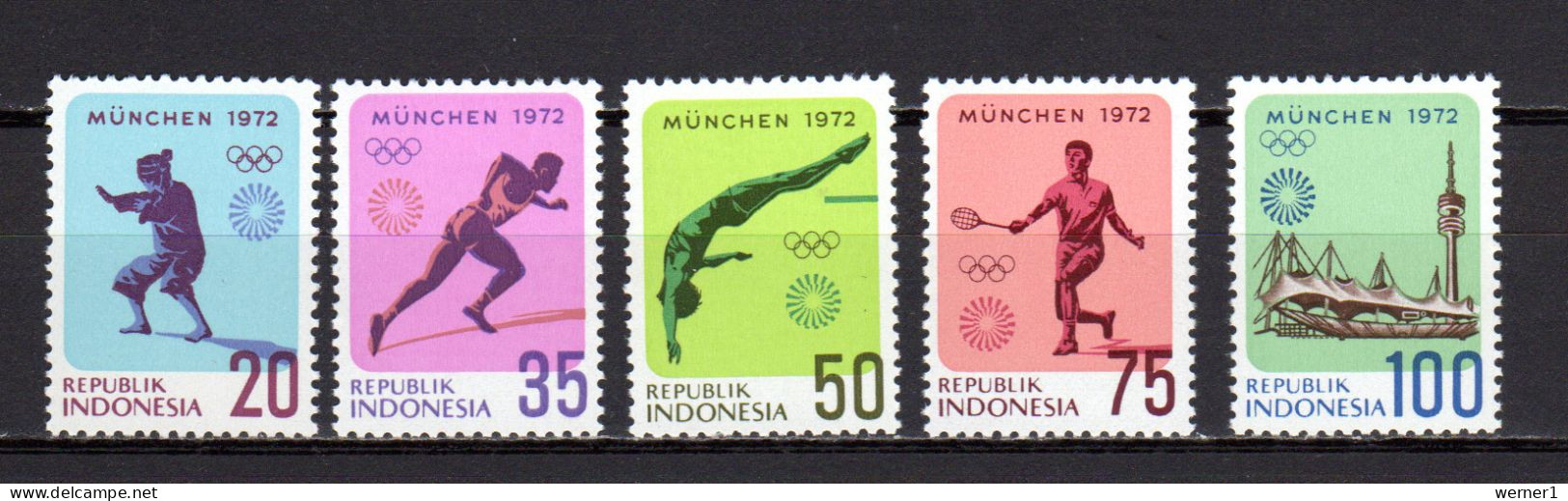 Indonesia 1972 Olympic Games Munich, Badminton, Athletics Etc. Set Of 5 MNH - Ete 1972: Munich