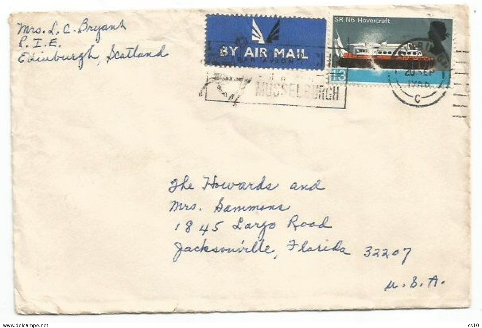 UK Britain AirmailCV Edimburgh 20sep1966 To USA With Hovercraft 1S3 Solo Franking - Marcofilie