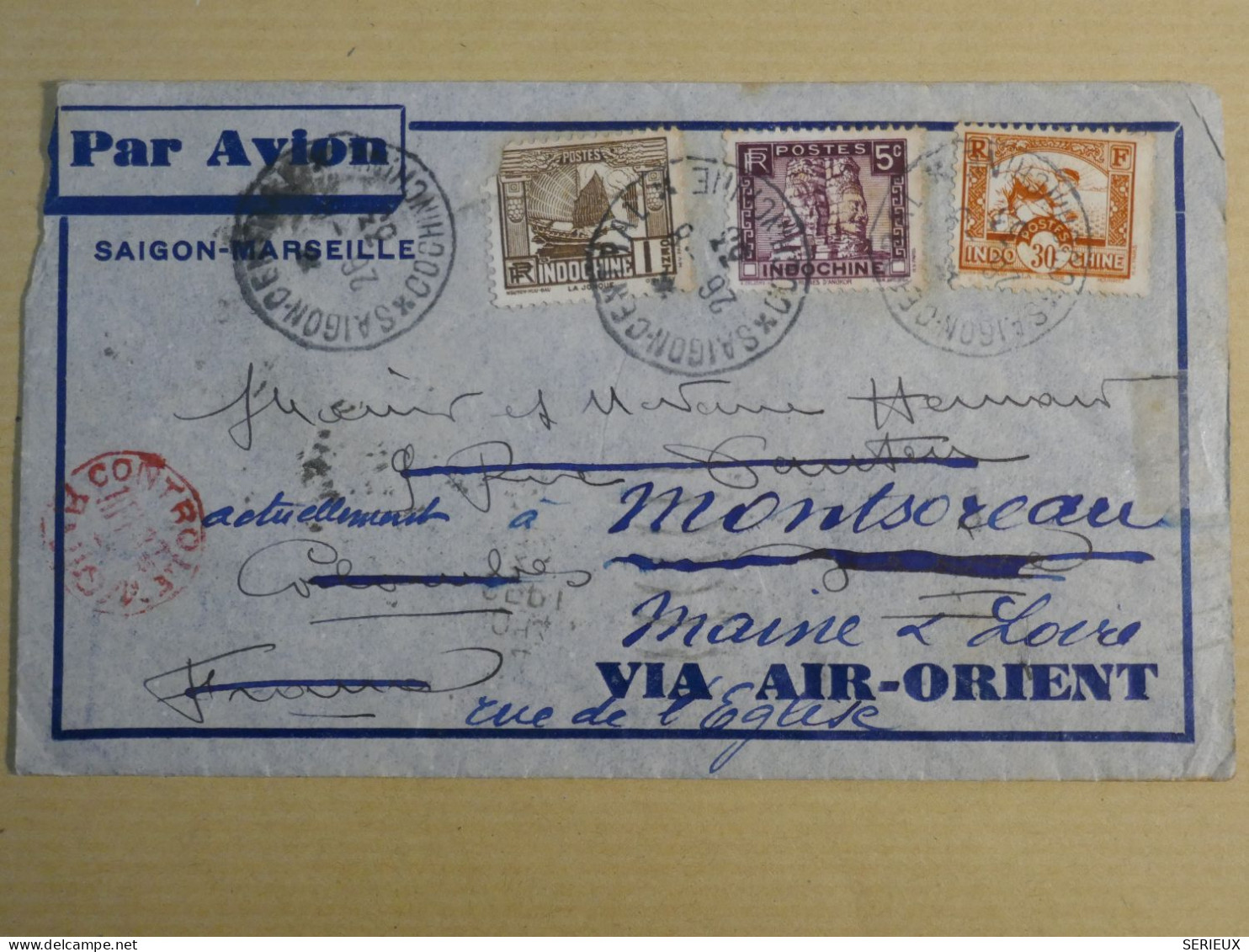 DM 15 INDOCHINE   LETTRE CONTROLEE RR 1933  SAIGON A MONSEREAU +VIA AIR ORIENT +AFF. INTERESSANT +++ - Lettres & Documents