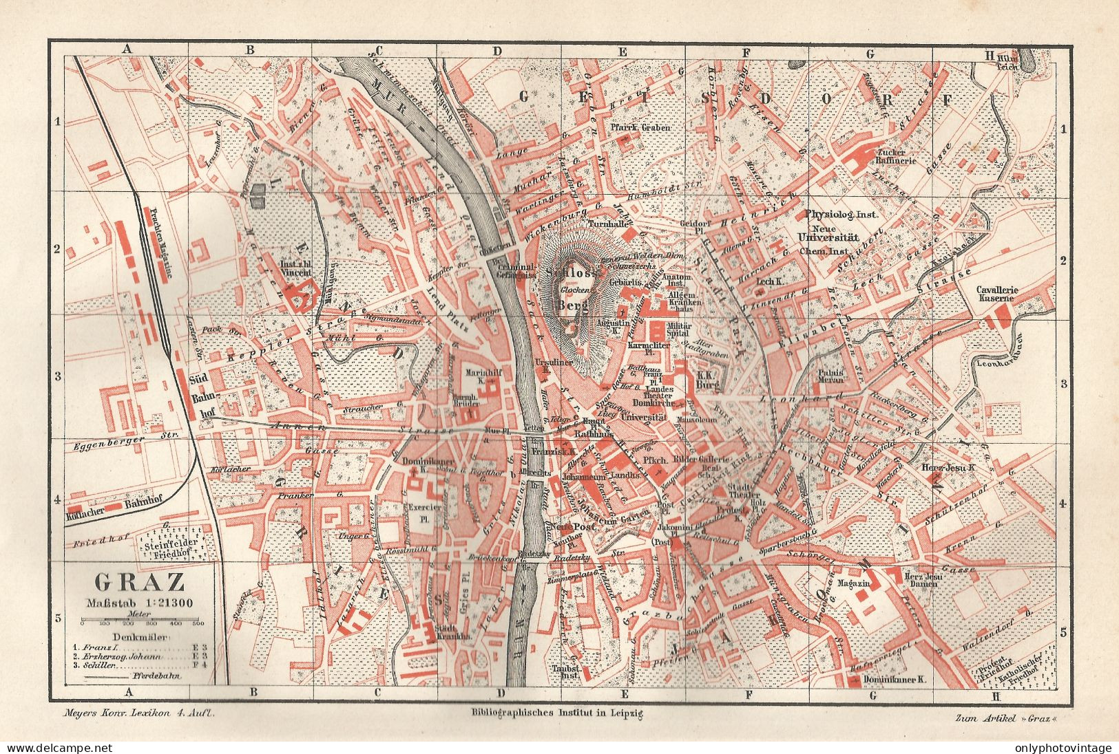 1890 Austria, Graz, Carta Geografica Antica, Old City Plan, Plan De La Ville - Carte Geographique