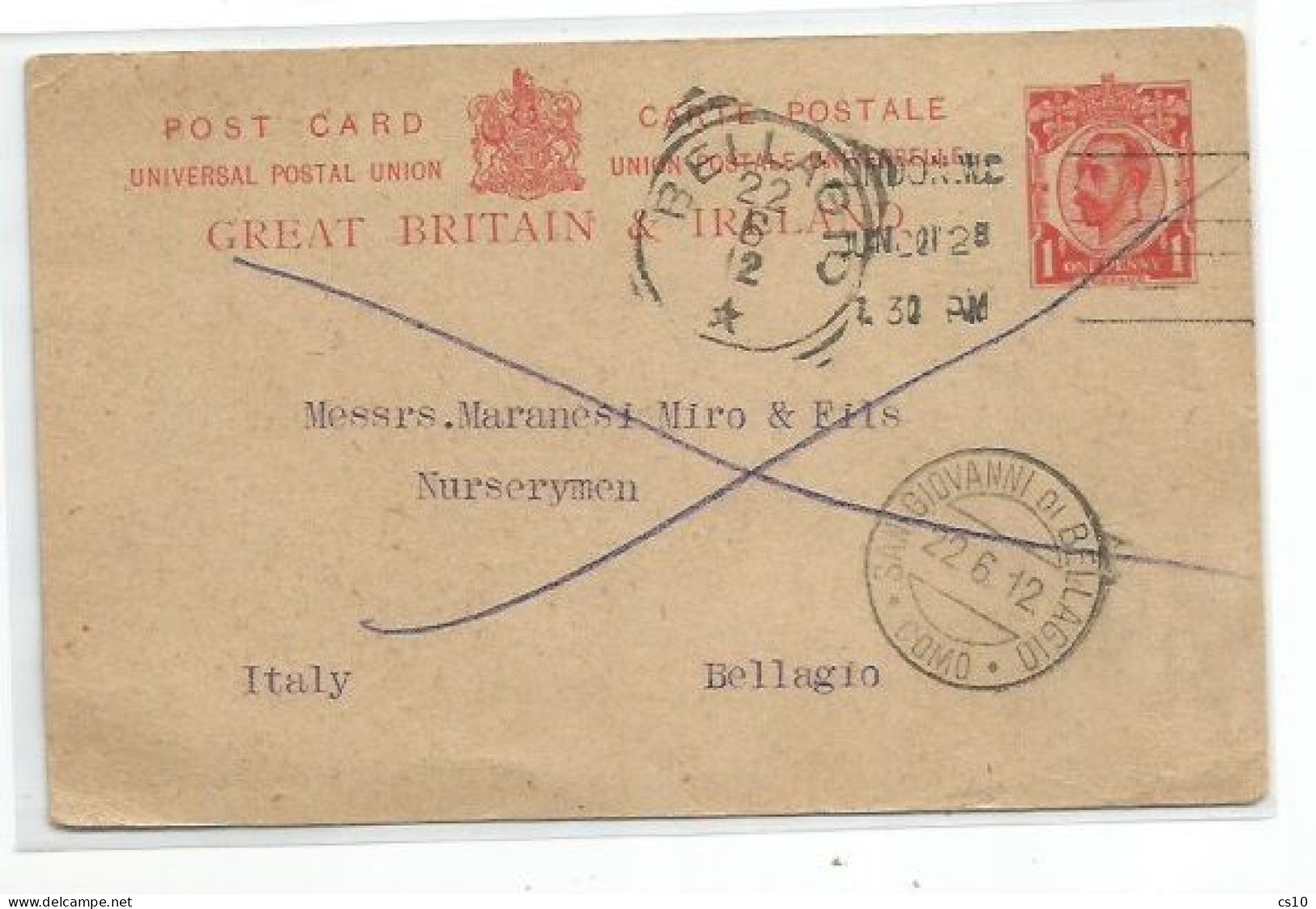 UK Britain PSC King D.1 London 10jun1912 To Italy - Entiers Postaux