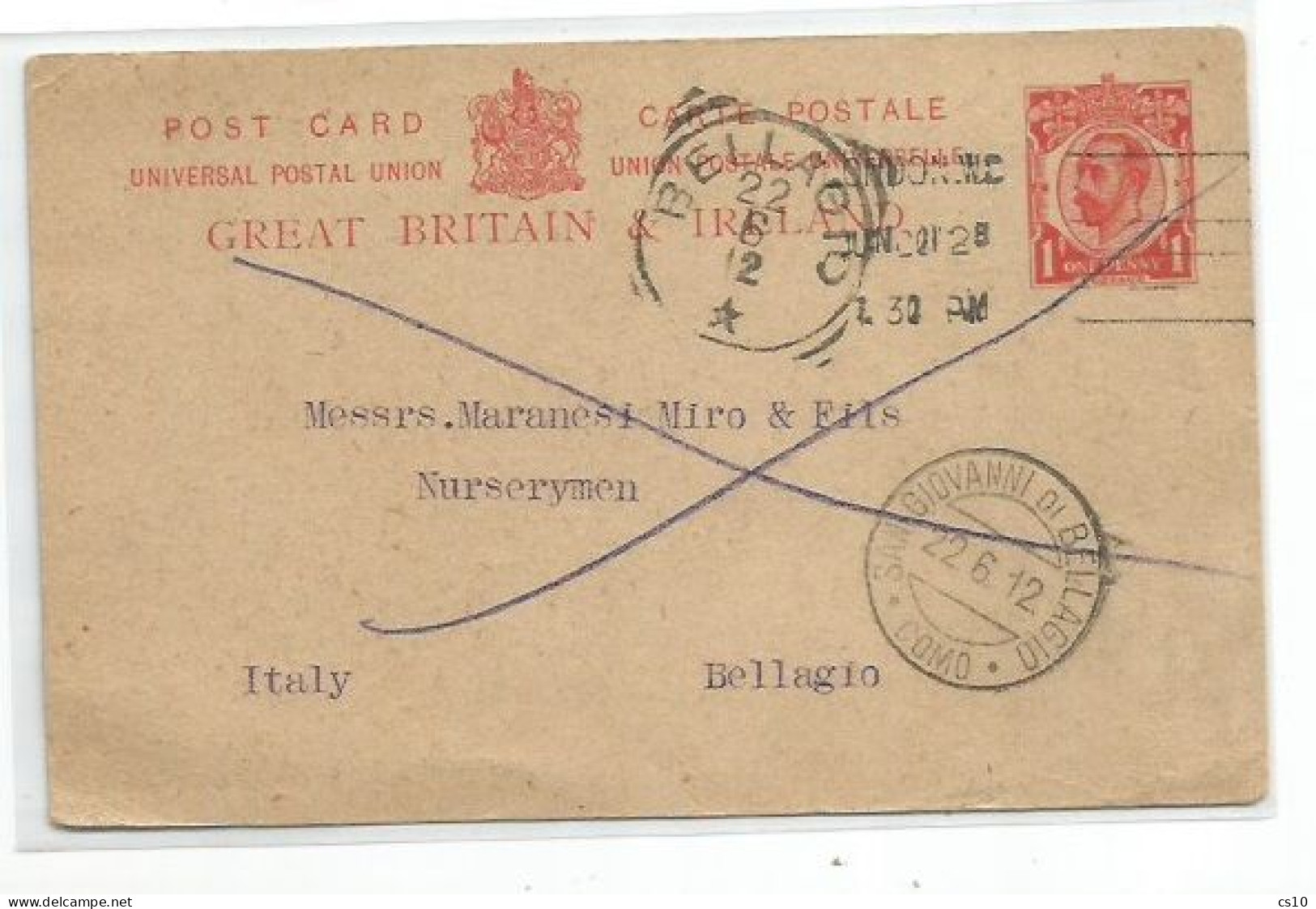 UK Britain PSC King D.1 London 10jun1912 To Italy - Storia Postale