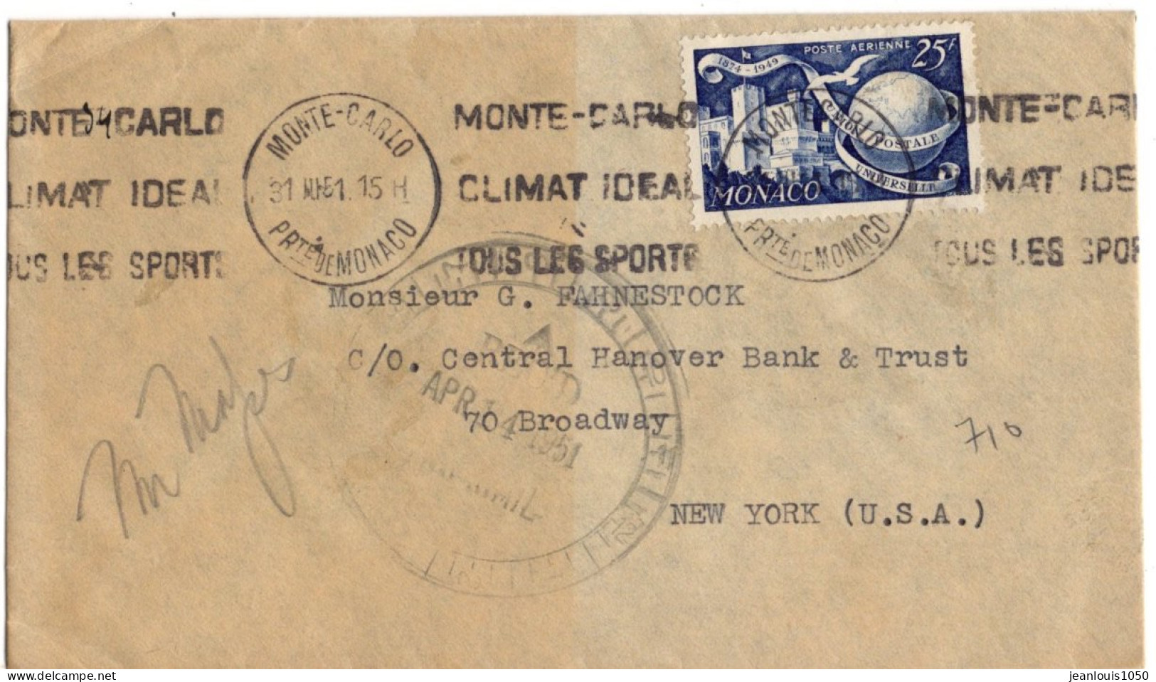 MONACO YT PA N°45 UPU OBLITERE SEUL SUR LETTRE POUR LES ETATS UNIS - Storia Postale