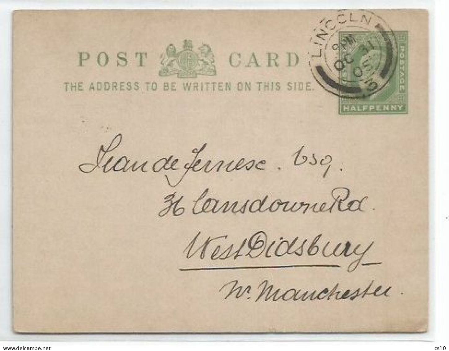 UK Britain PSC King Half Penny Lincoln 31oct1905 To Manchester - Entiers Postaux