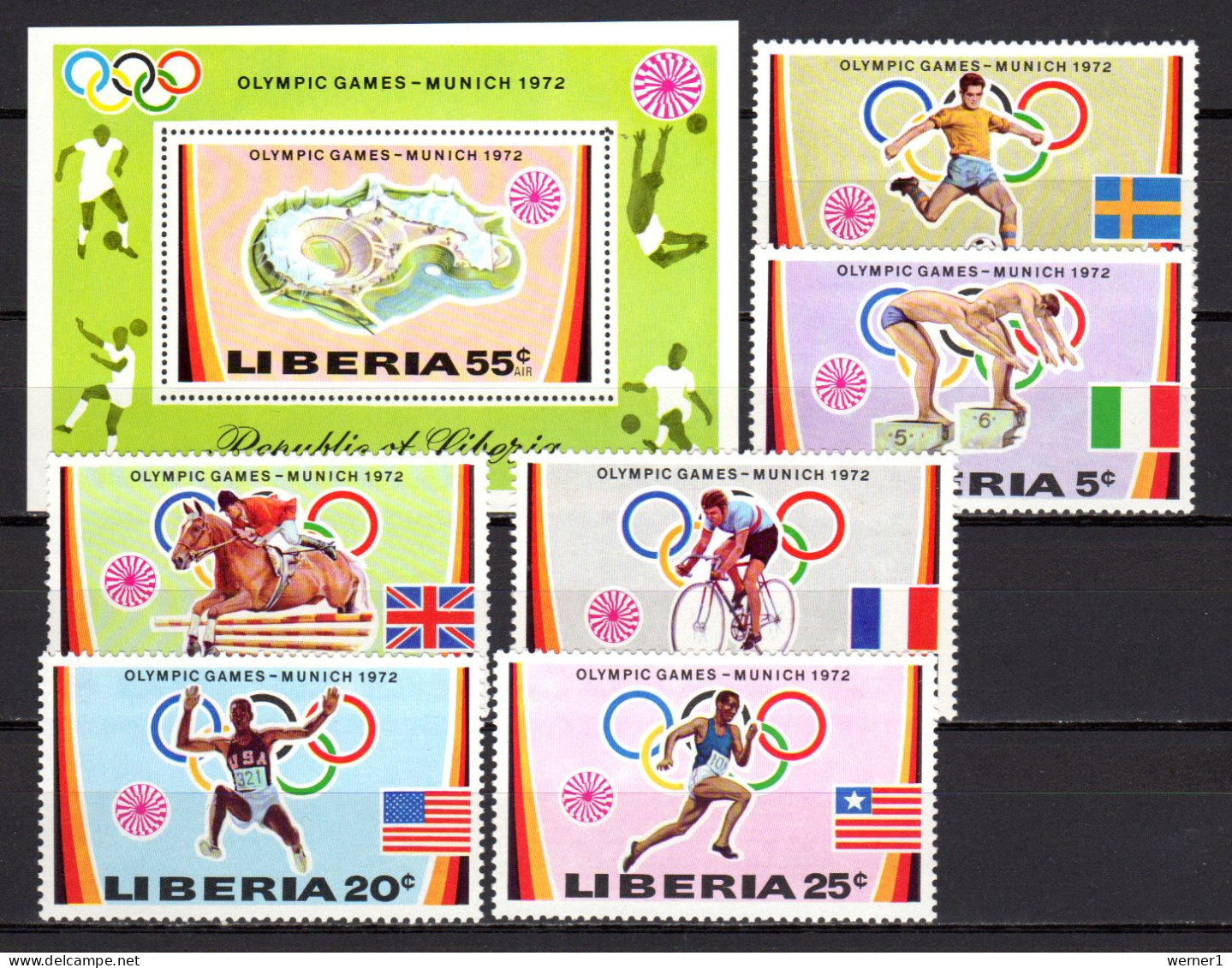 Liberia 1972  Olympic Games Munich, Football Soccer, Cycling, Equestrian Etc.set Of 6 + S/s MNH - Ete 1972: Munich