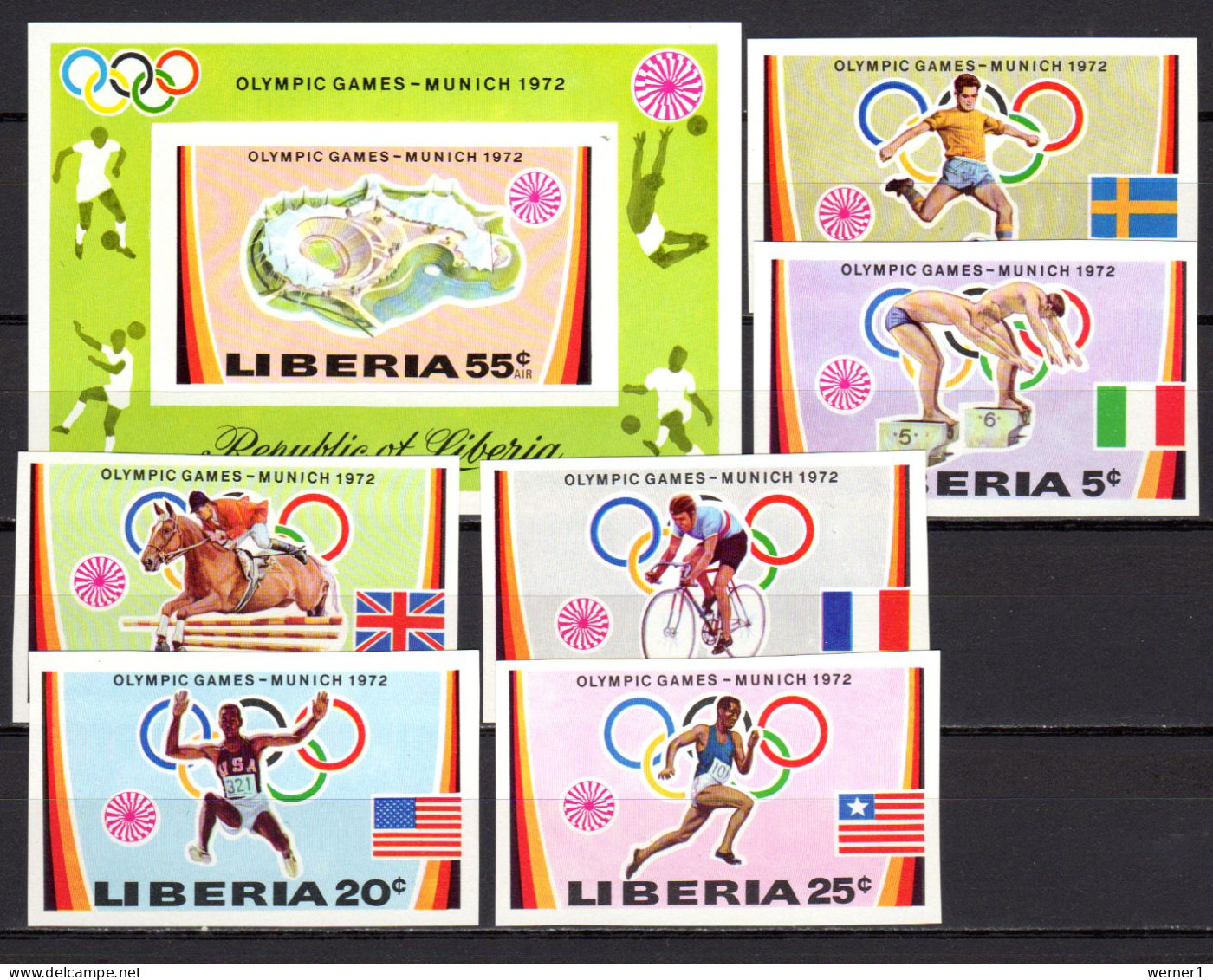 Liberia 1972  Olympic Games Munich, Football Soccer, Cycling, Equestrian Etc.set Of 6 + S/s Imperf. MNH - Ete 1972: Munich