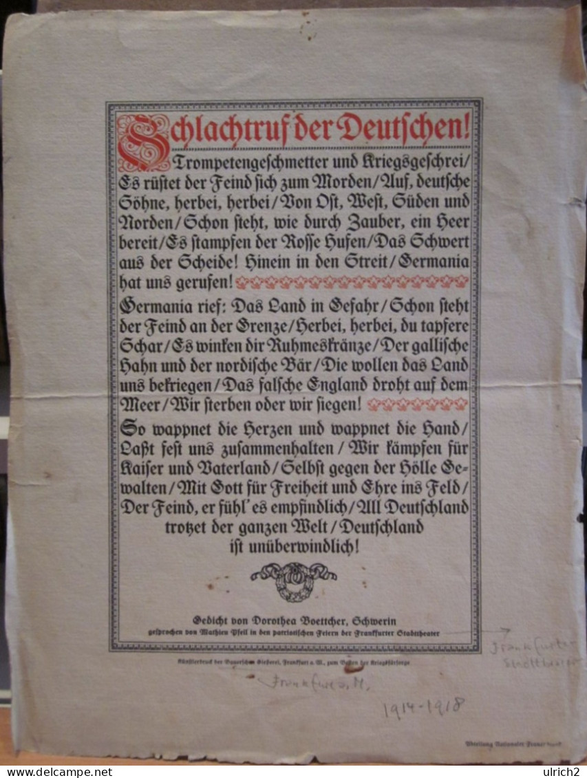 Schlachtruf Der Deutschen - Gedicht Von Dorothea Boettcher - Frankfurt Stadttheater - Ca, 1915 - 23*30cm (68620) - 1914-18