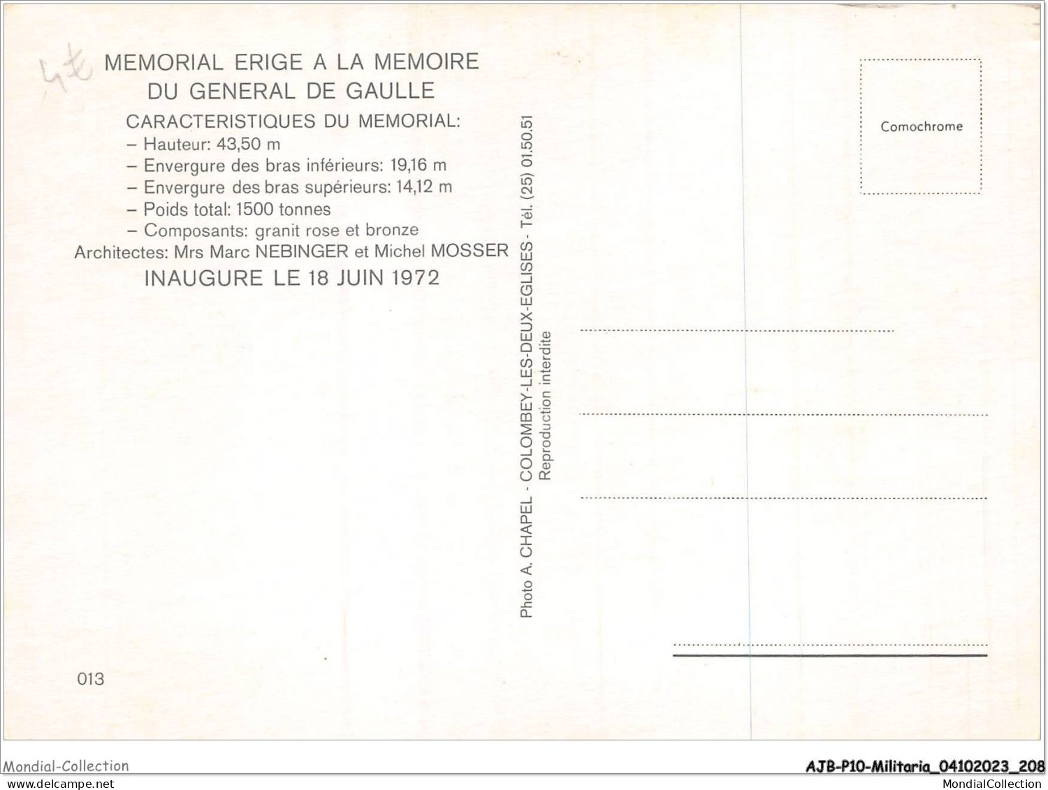 AJBP10-1041 - MILITARIA - Mémorial Erige A La Memoire Du Général De Gaulle - Kriegerdenkmal