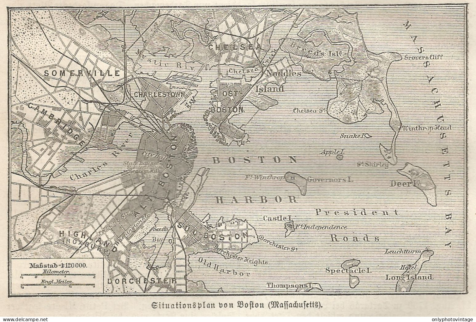 1890 United States, Massachusetts, Boston, Carta Geografica Antica, Old Map, Carte Géographique Ancienne - Carte Geographique