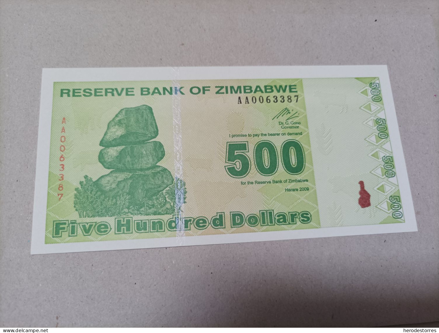 Billete Zimbabwe, 500 Dólares, Año 2009, Serie AA, Nº Bajisimo, UNC - Simbabwe