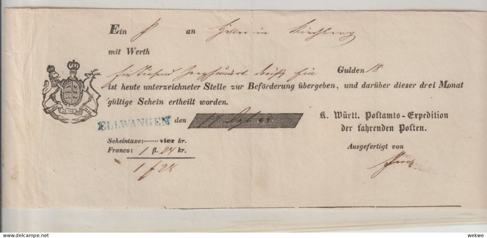 Württemberg XX008 / Wertbrief-Einlieferungsschein 1858 Ellwangen - Briefe U. Dokumente