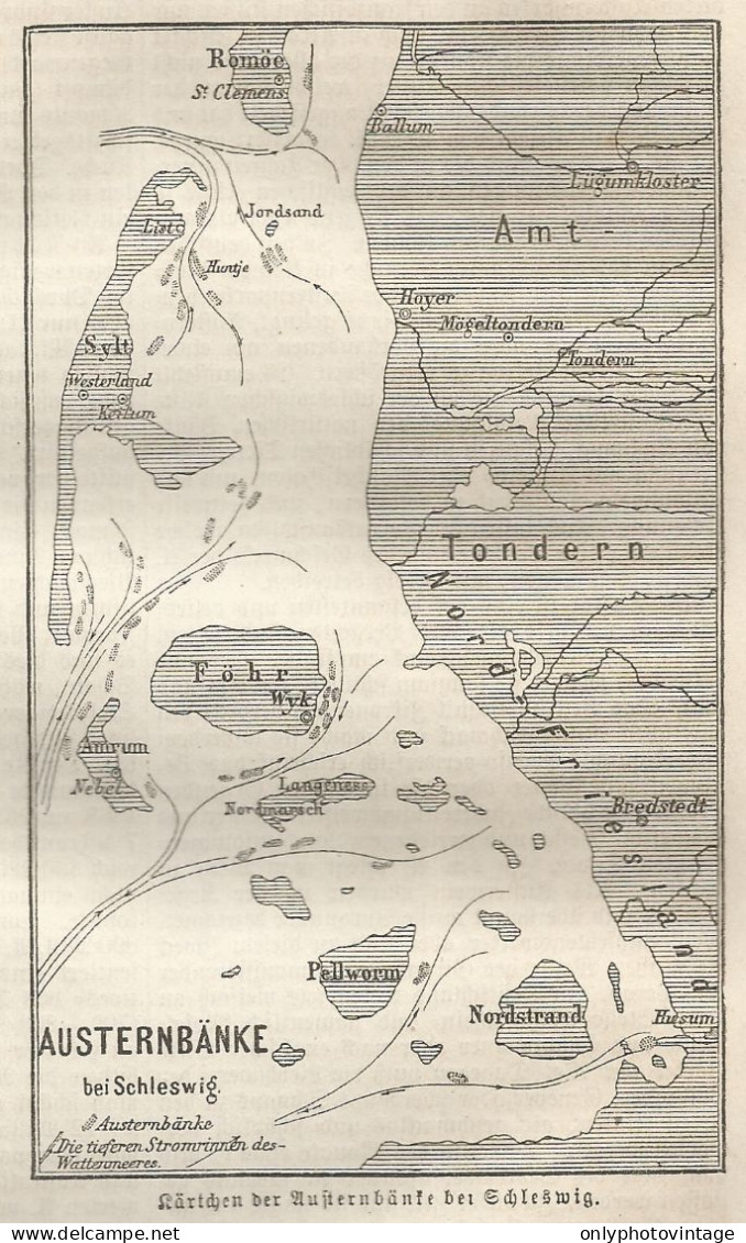 1890 Germany, Austernbänke Bei Schleswig, Carta Geografica Antica, Old Map, Carte Géographique Ancienne - Carte Geographique