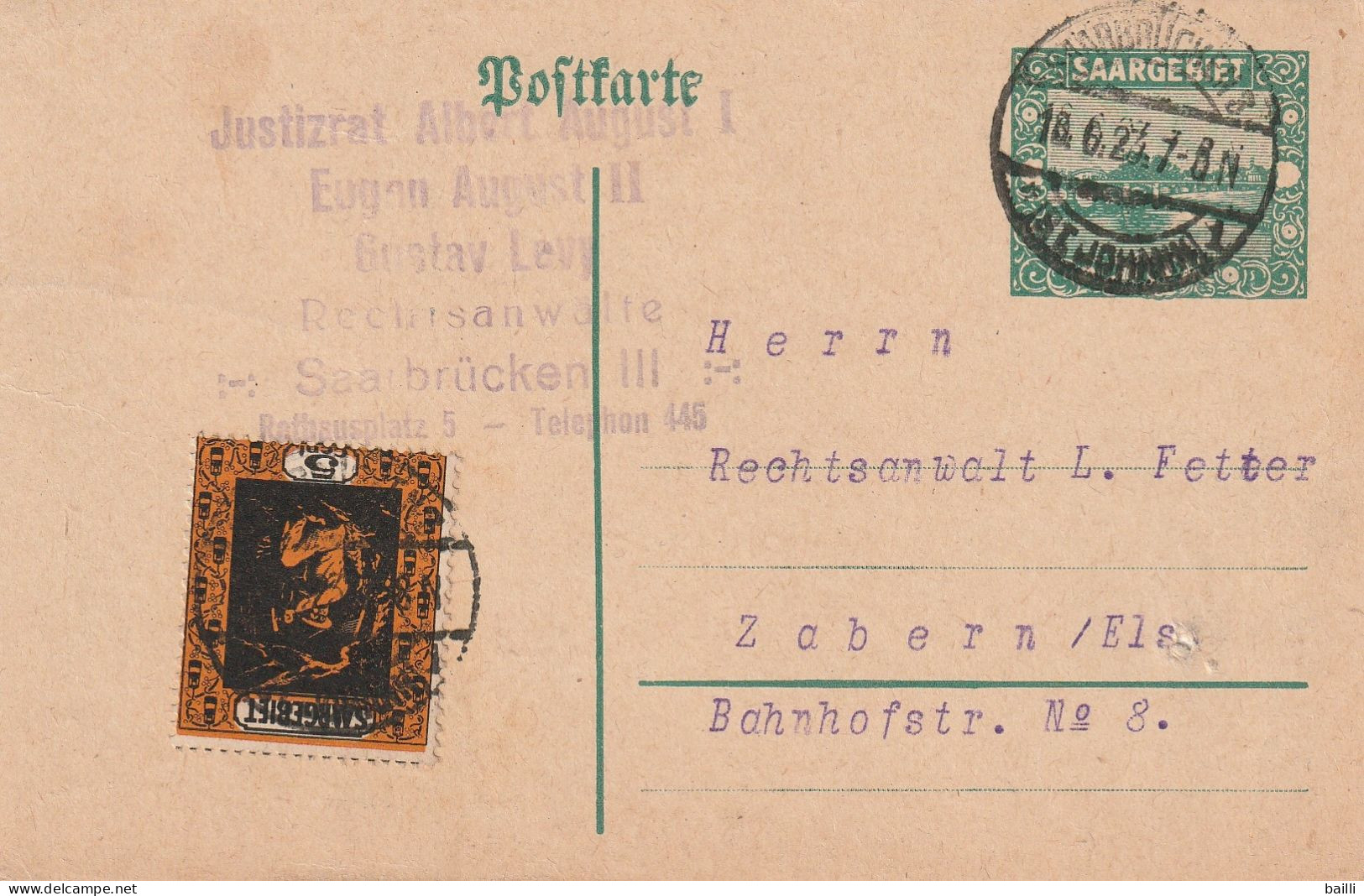 Sarre Entier Postal Saarbrücken Pour L'Alsace 1923 - Postwaardestukken