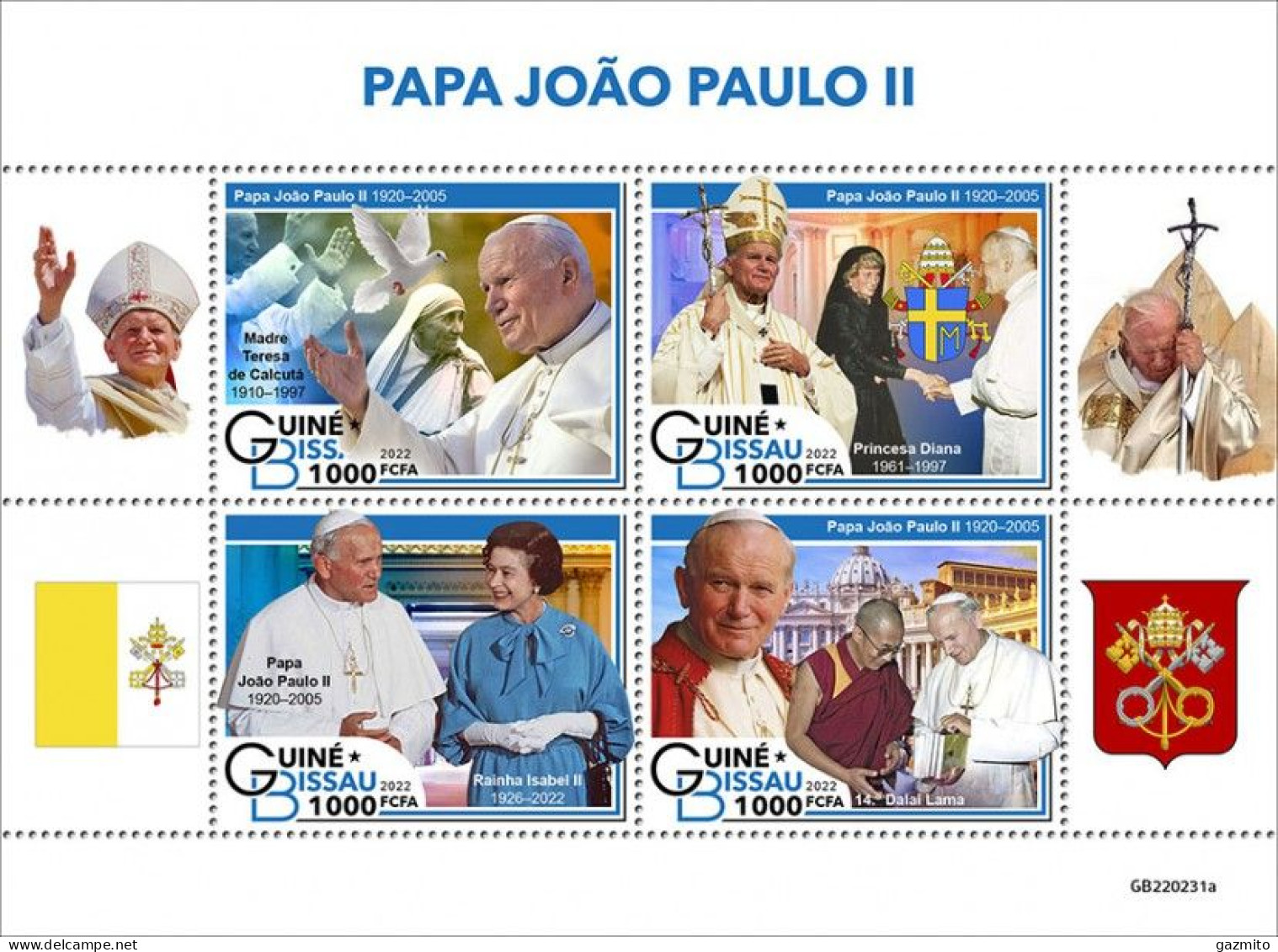 Guinea Bissau 2022, Pope J. Paul II, Mother Teresa, Diana, Dalai Lama, 4val In BF - Mutter Teresa