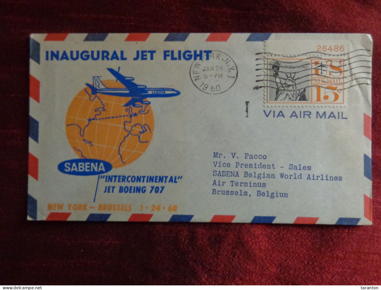 1960 - COVER - U.S.A., INAUGURAL JET FLIGHT SABENA, INTERCONTINENTAL JET BOEING 707, NEW YORK-BRUSSEL - Collections (sans Albums)