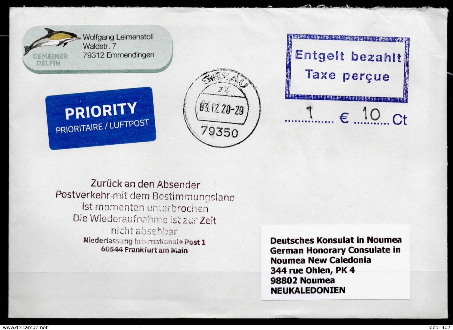 Corona Covid 19 Postal Service Interruption "Zurück An Den Absender.. " Reply Coupon Paid Cover To NOUMEA NEW CALEDINIA - Covers & Documents