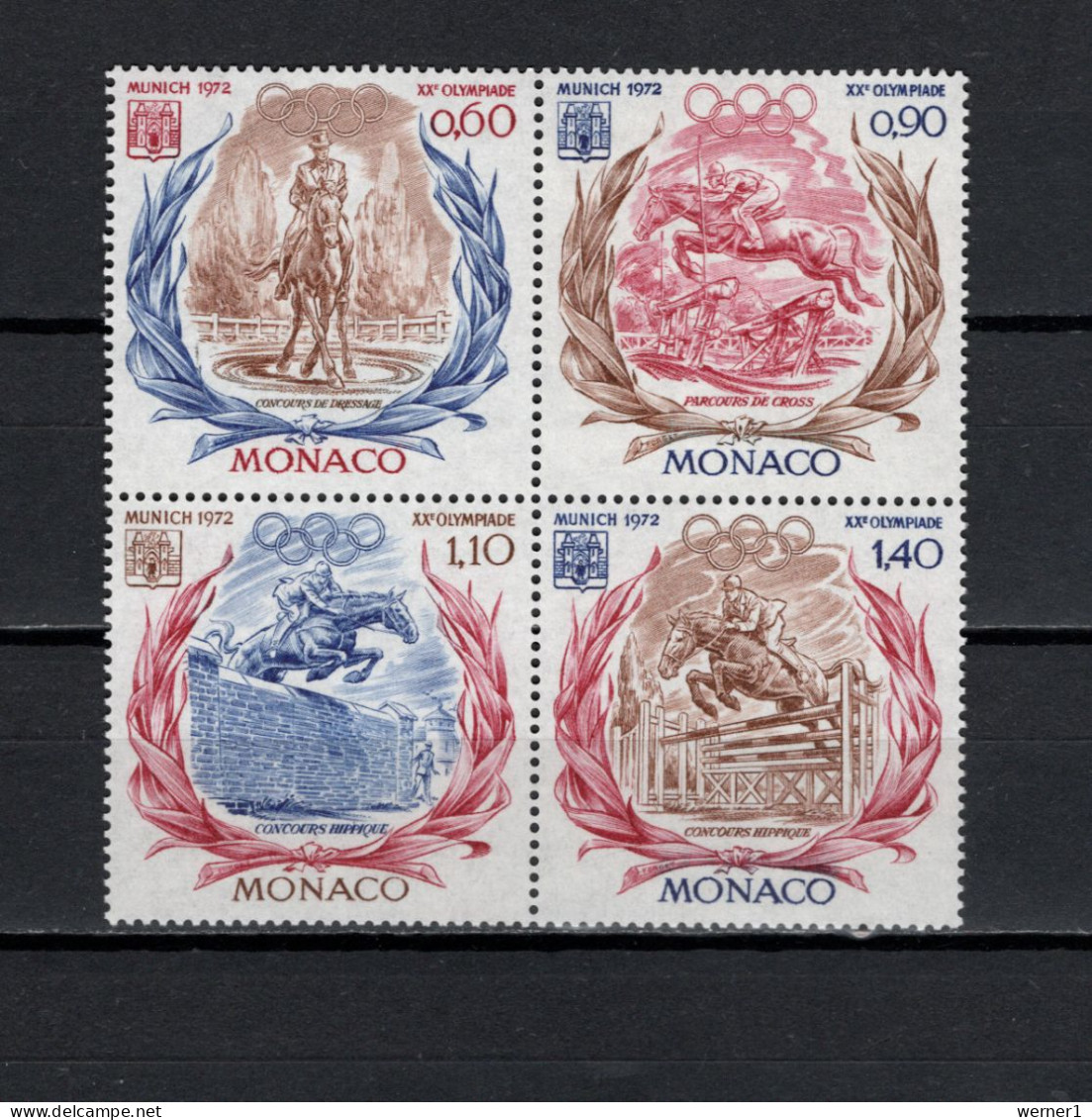 Monaco 1972 Olympic Games Munich, Equestrian Block Of 4 MNH - Ete 1972: Munich