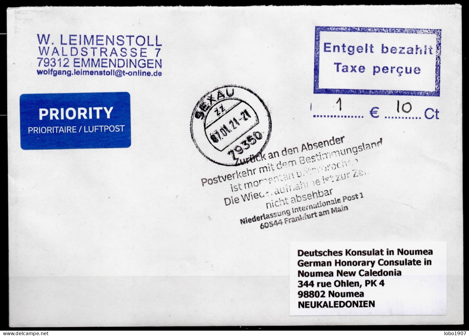 Corona Covid 19 Postal Service Interruption "Zurück An Den Absender.. " Reply Coupon Paid Cover To NOUMEA NEW CALEDINIA - Maladies