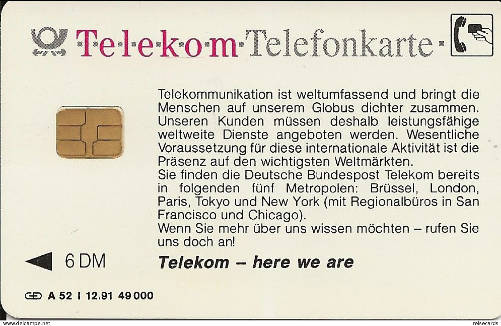 Germany: Telekom A 52 I 12.91 Telekommunikation Ist Weltumfassend. Mint - A + AD-Reeks :  Advertenties Van D. Telekom AG