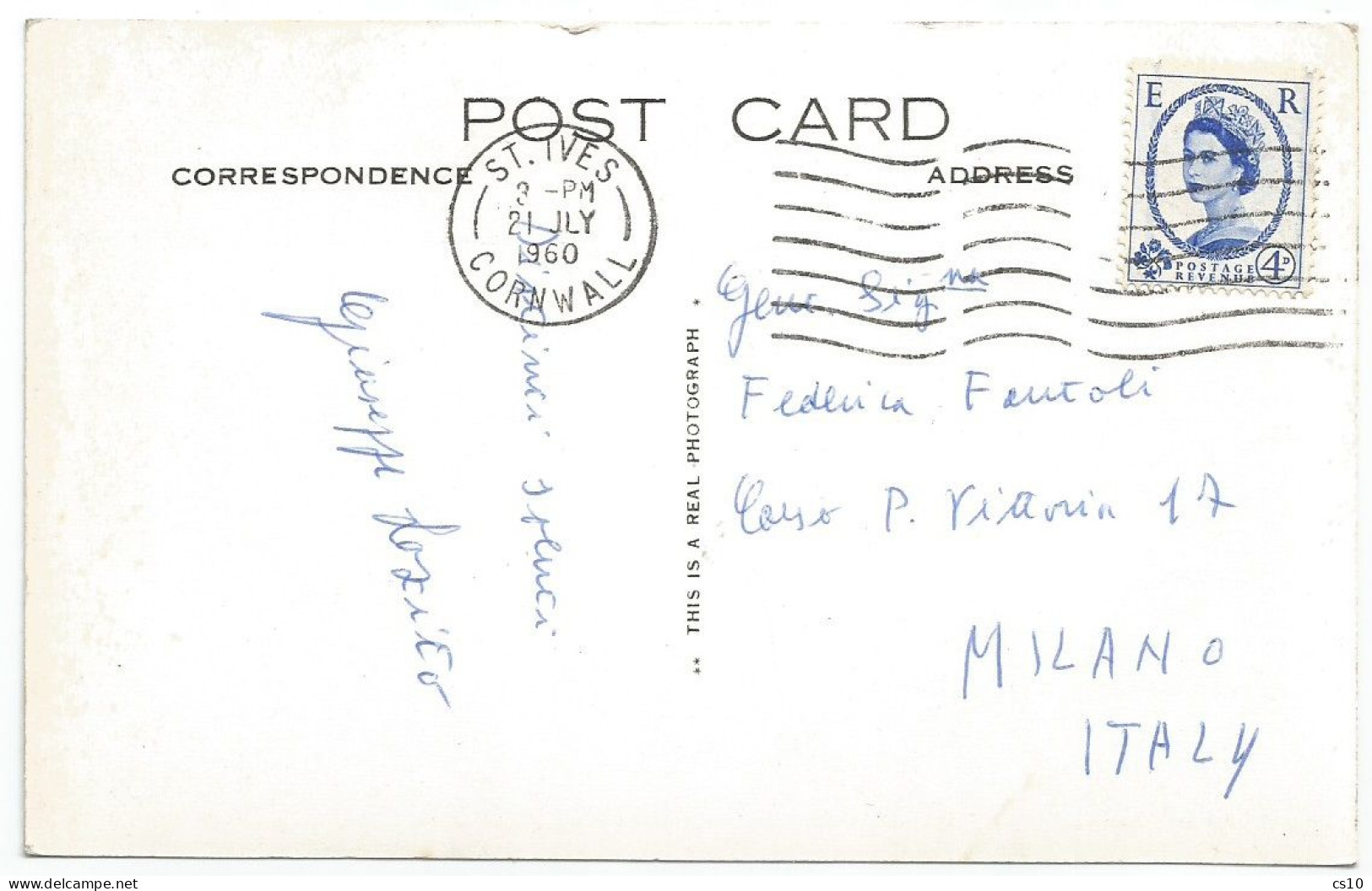 UK Britain Wilding Graphite Lines D.4 Solo Franking Pcard St.Ives Cornwall 21jul1960 To Italy - Covers & Documents