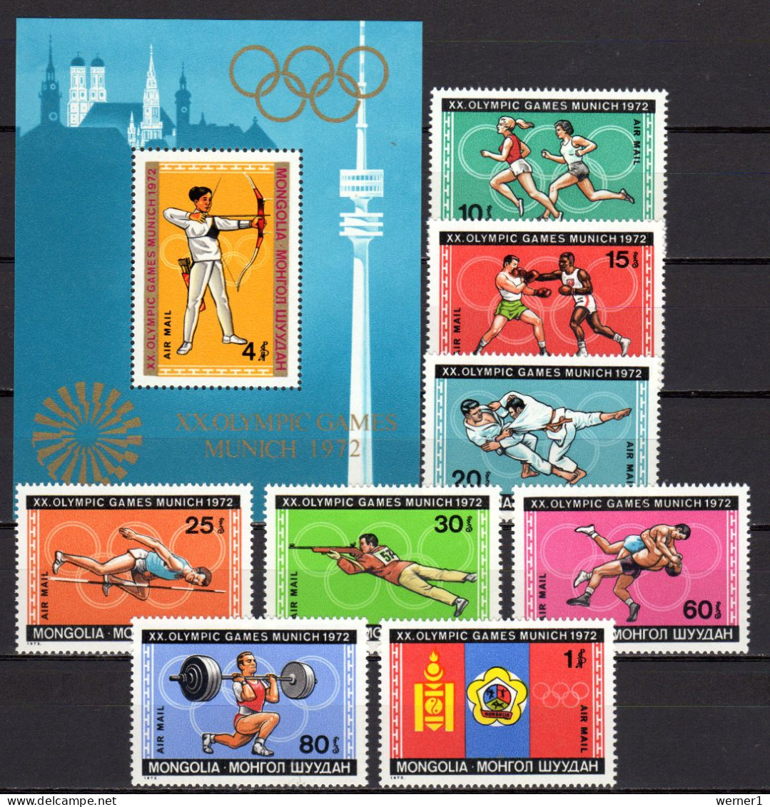 Mongolia 1972 Olympic Games Munich, Archery, Boxing, Judo, Wrestling Etc. Set Of 8 + S/s MNH - Ete 1972: Munich