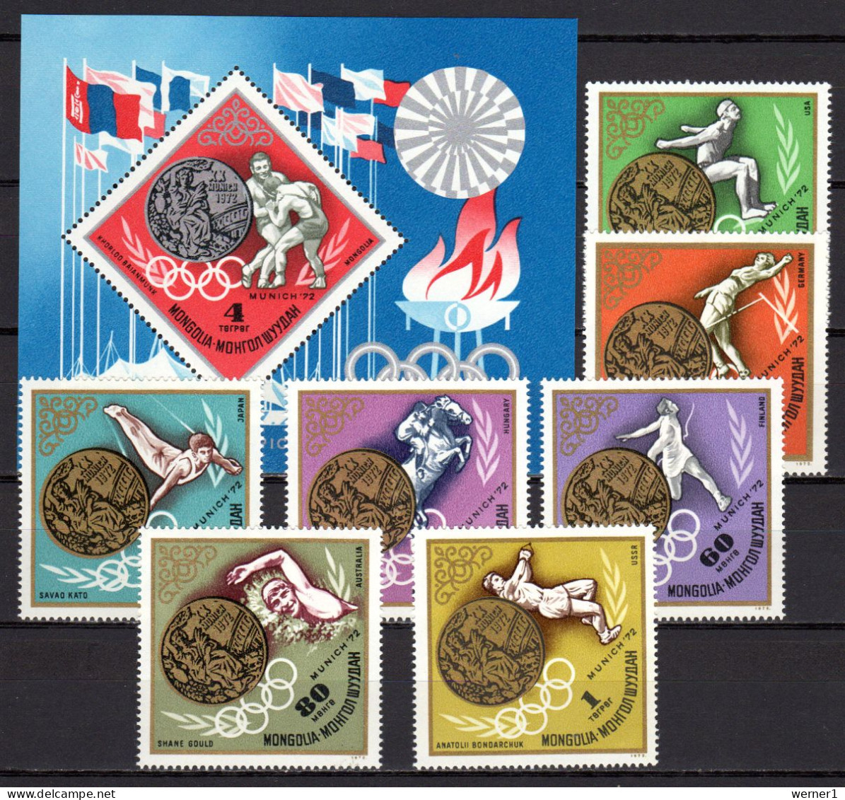 Mongolia 1972 Olympic Games Munich, Wrestling, Equestrian, Athletics Etc. Set Of 7 + S/s MNH - Verano 1972: Munich