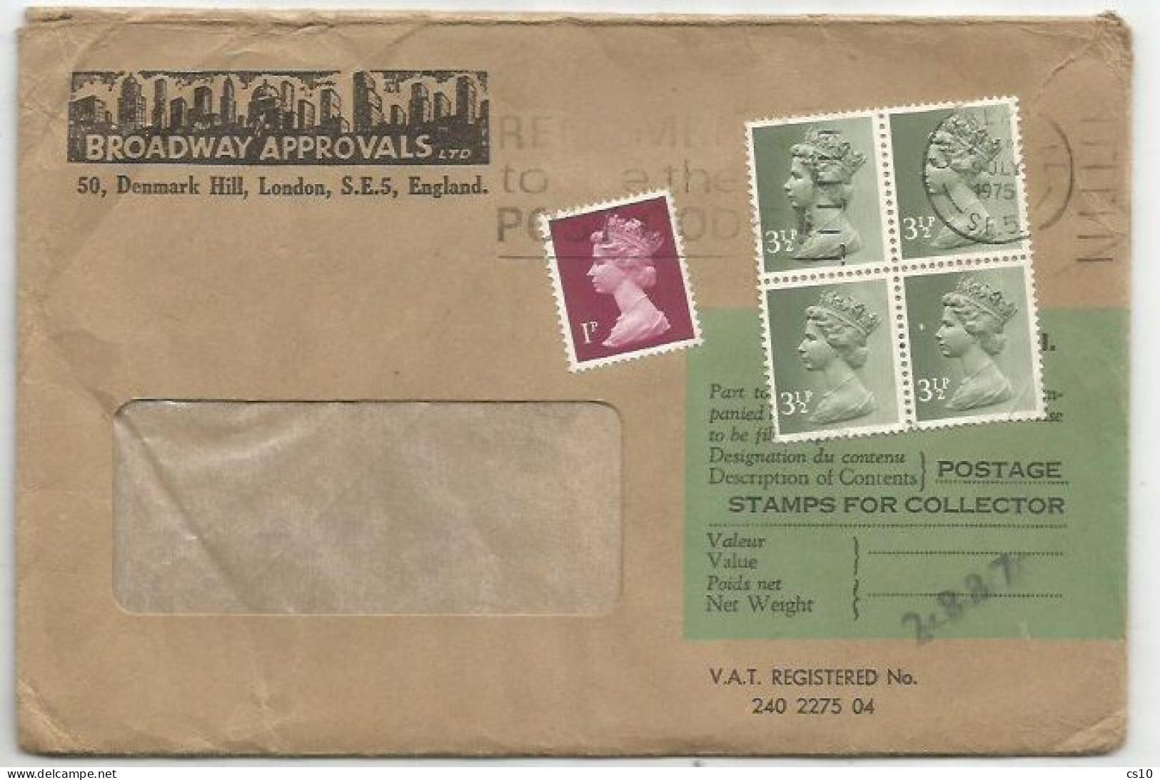 UK Britain Customs Douane C1 Label (Printed) Window CV 9jul1975 With Machin P3.5 Block4 + 1 - Postmark Collection