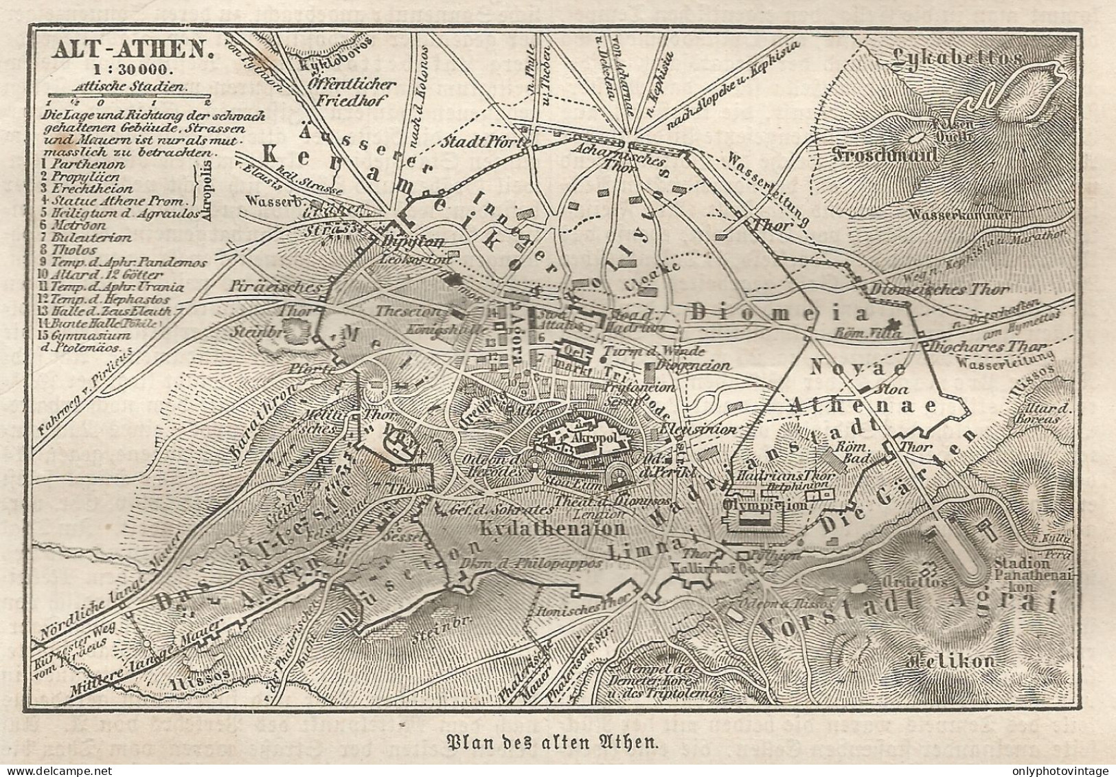 1890 Greece, Athens, Carta Geografica Antica, Old City Plan, Plan De La Ville - Carte Geographique