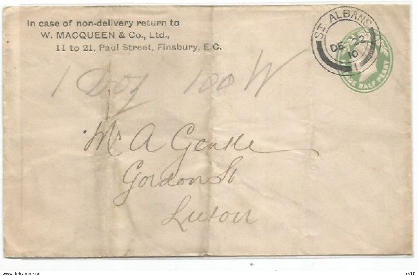 UK Britain PSE  King Half Penny St.Albans 22dec1910 To Luton - Postmark Collection