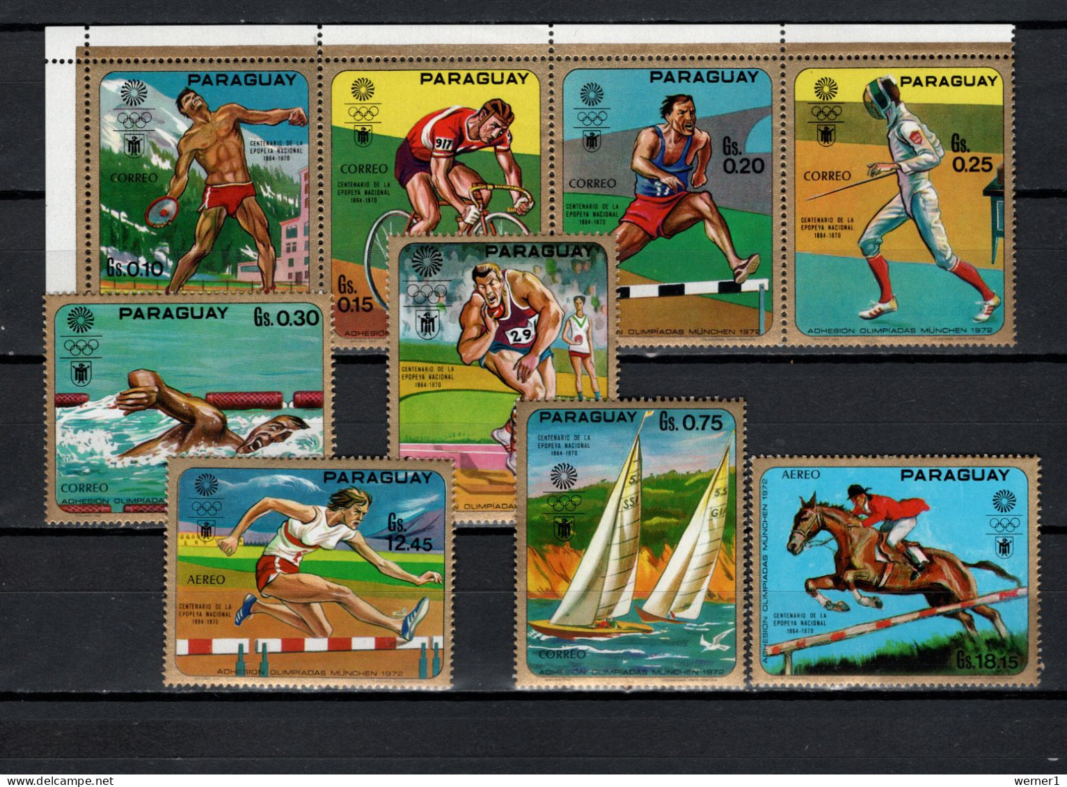 Paraguay 1970 Olympic Games Munich, Cycling, Swimming, Equestrian, Fencing Etc. Set Of 9 MNH - Summer 1972: Munich