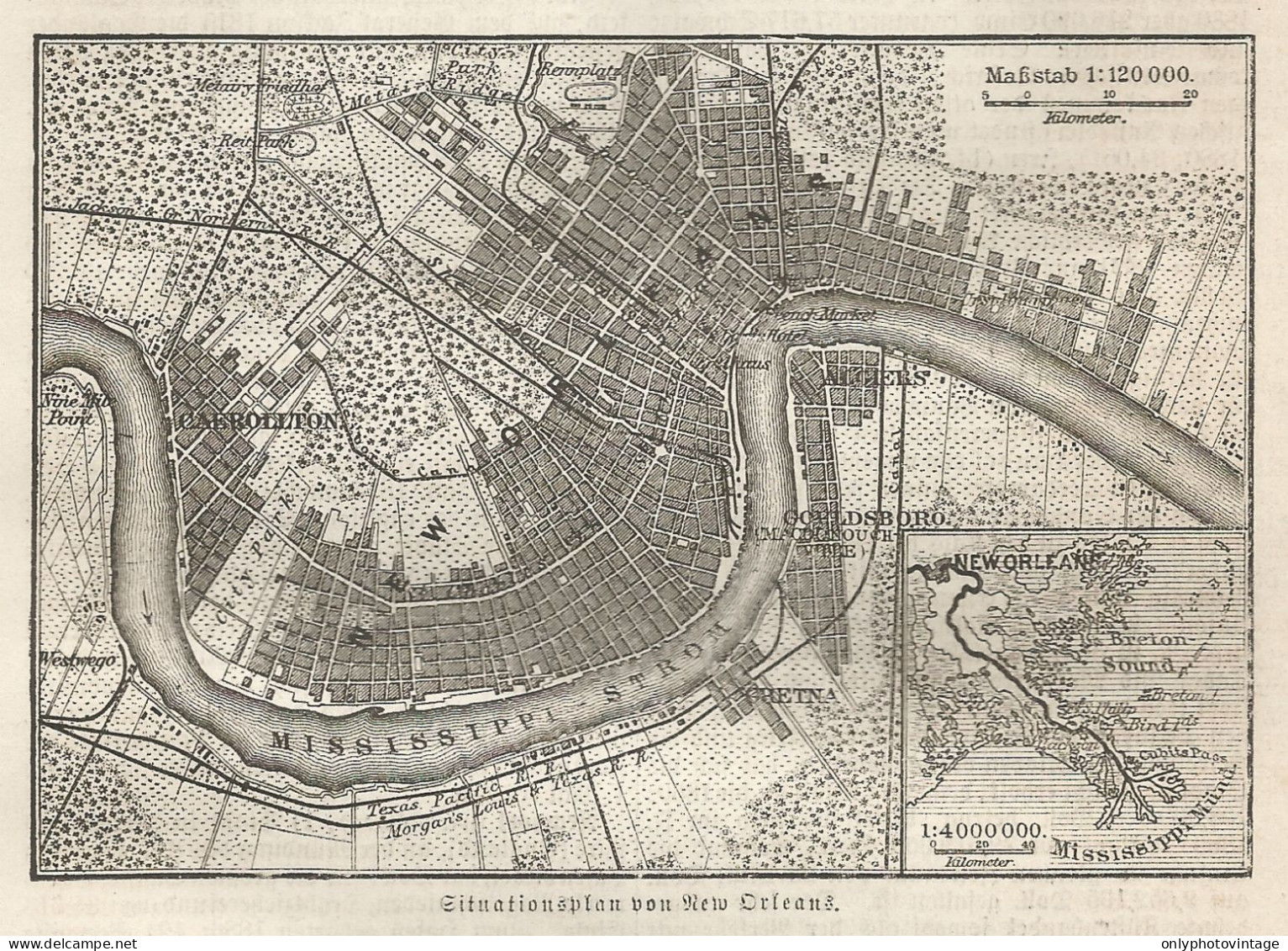 1890 United States, Louisiana, New Orleans, Carta Geografica Antica, Old City Plan, Plan De La Ville - Carte Geographique