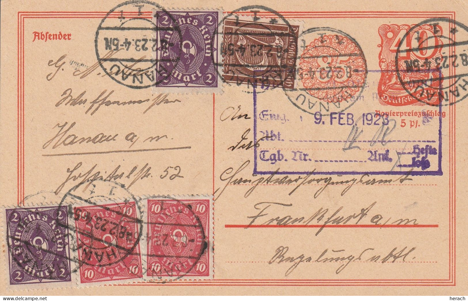 Allemagne Entier Postal Inflation Hanau 1923 - Cartoline