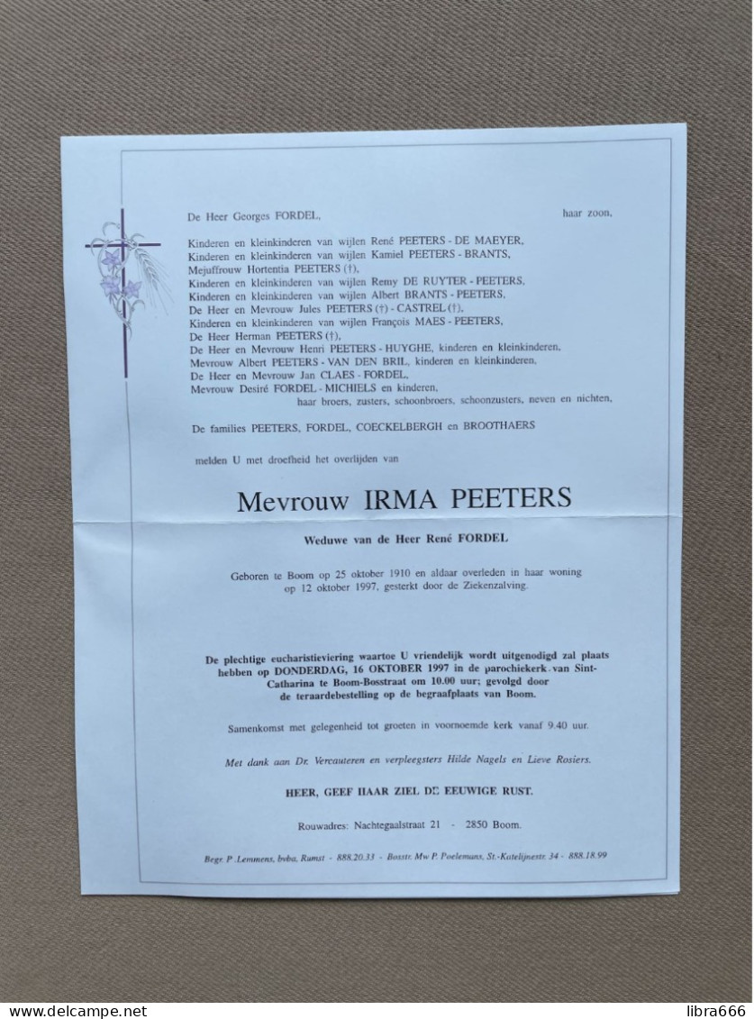 PEETERS Irma °BOOM 1910 +BOOM 1997 - FORDEL - COECKELBERGH - BROOTHAERS - DE MAEYER - BRANTS - DE RUYTER - CASTREL - Décès