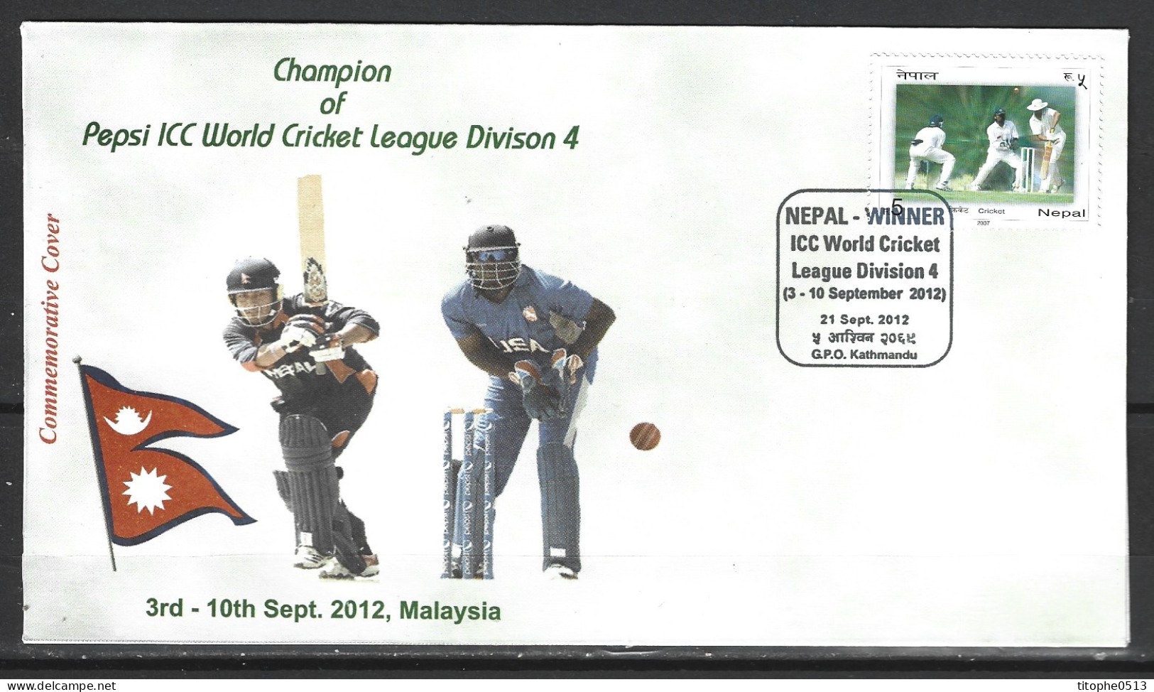 NEPAL. Enveloppe Commémorative De 2012. Népal Champion Du Monde De La Division 4. - Cricket