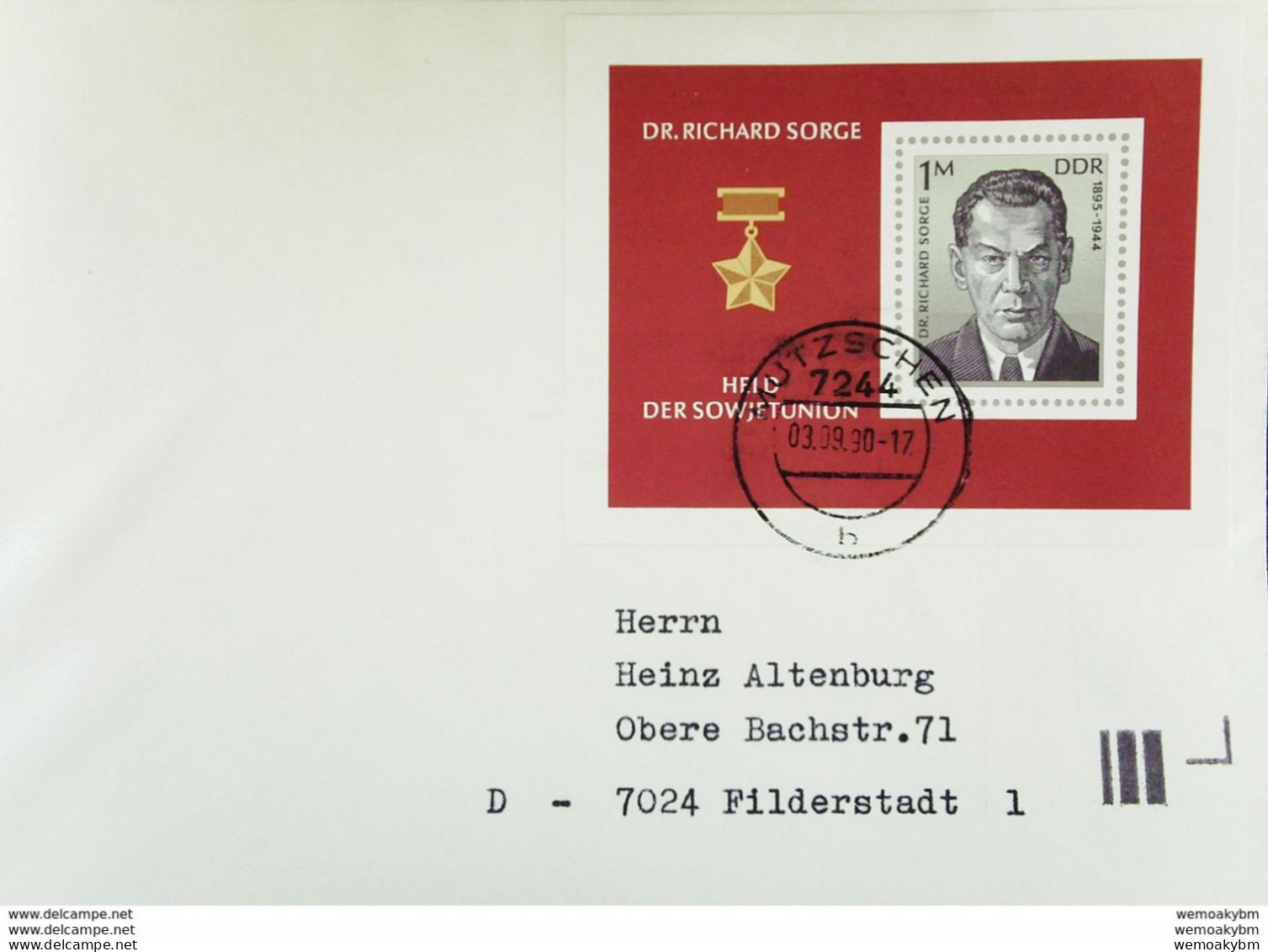 DDR-WU: Ausl-Brief Mit 100 Pf "Dr. Richard Sorge" Aus Mutzschen Vom 3.8.90 In EF Nach D-Filterstadt Knr: Bl. 44 - 1981-1990